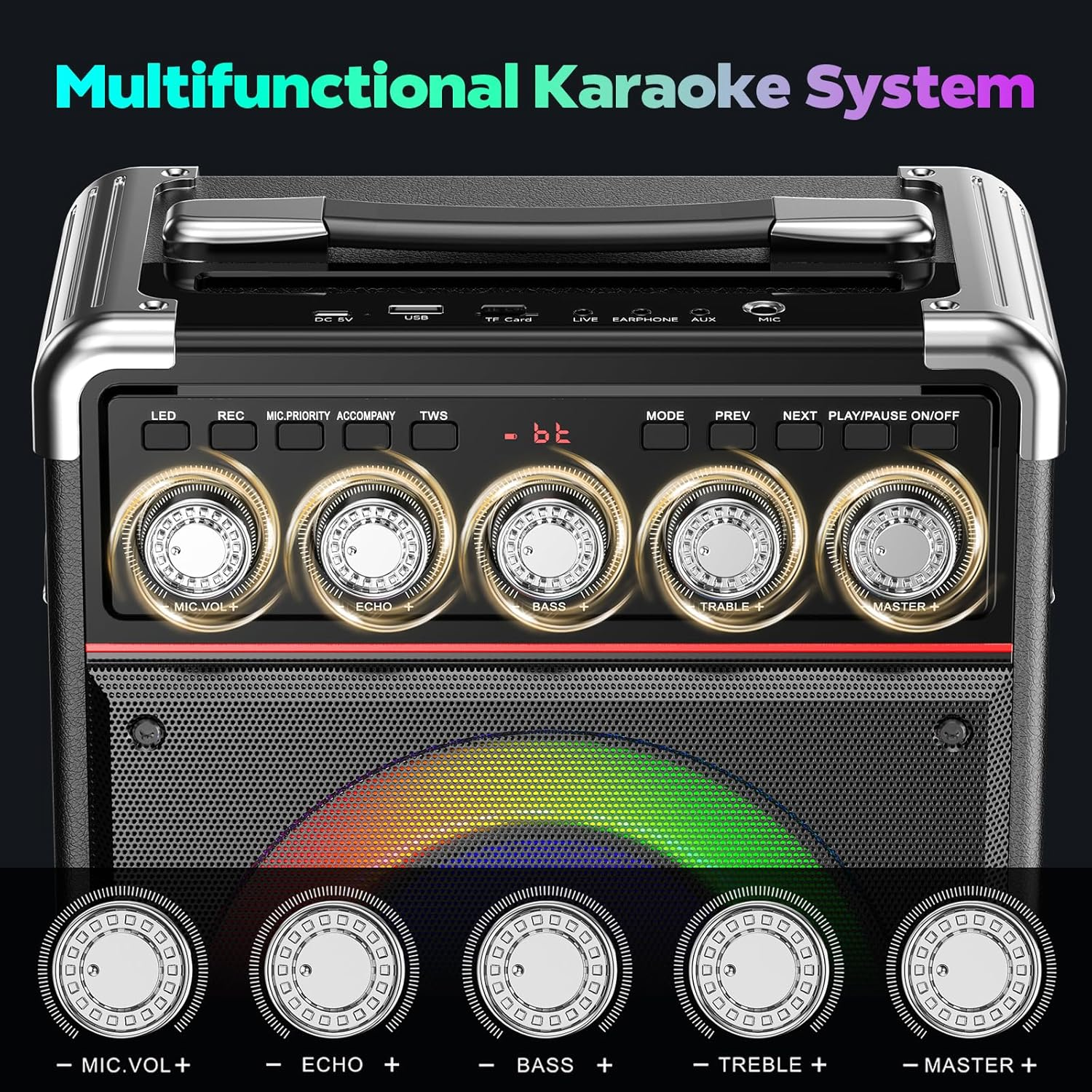 Karaoke Machine with 2 Wireless Mics, Portable Bluetooth Speaker with Disco Lights, Bass/Treble Control & Remote, PA System for Home, Outdoor, Parties & Events, Supports REC, USB, AUX, TF Card image number 2