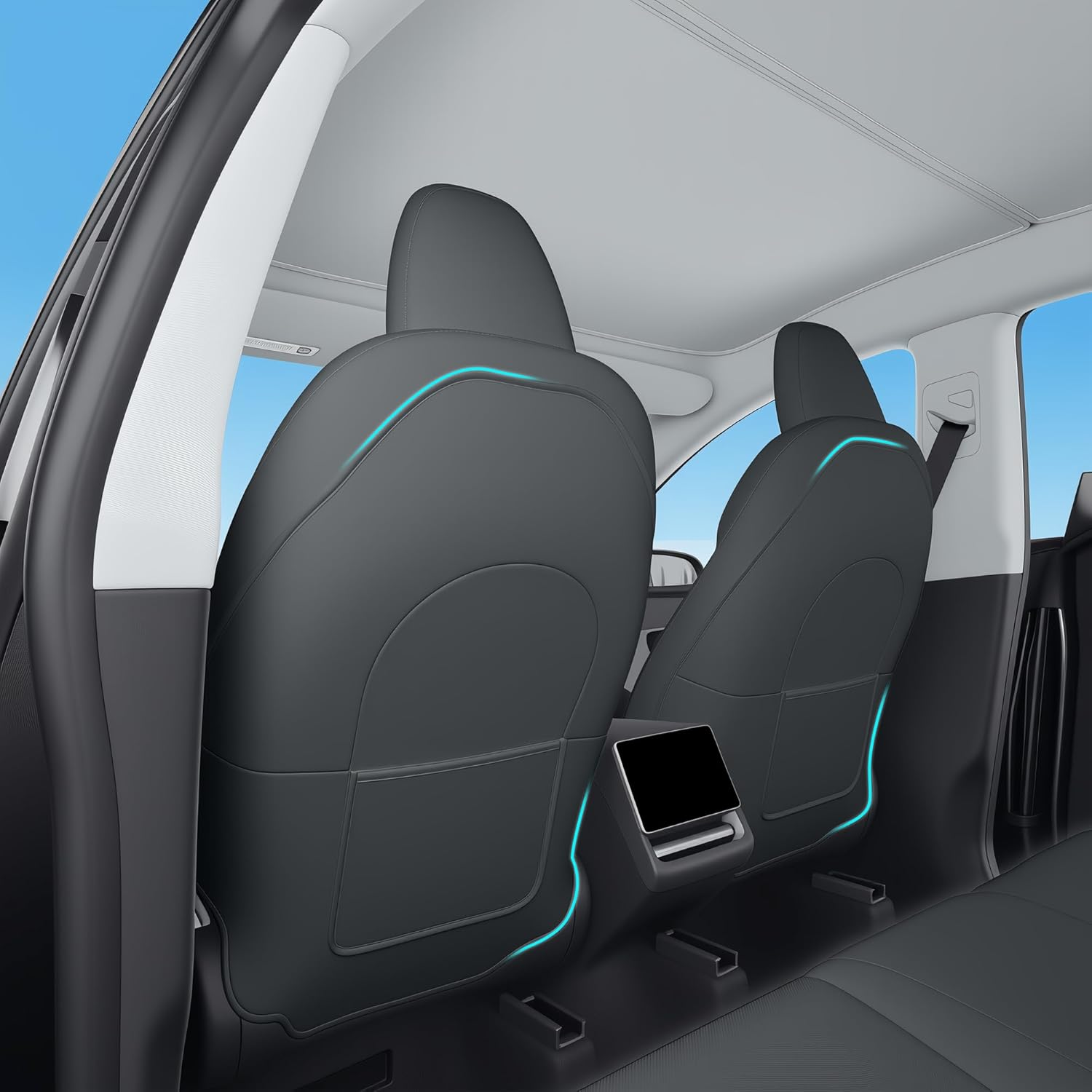 Seat Back Kick Protector for Tesla Model Y Model 3 Model S Model X Leather Backseat Mats for Kids Wear-Resistant Back Seat Cover with Extra Organizer Pocket 2 PCS -Black image number 2