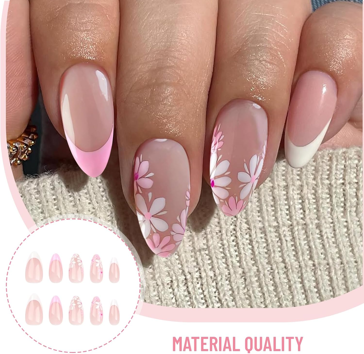 Charmburst Pack of 24 Medium Almond Shape Press on Nails, Flower Design Sticker Nails, French Style with Shine, False Nails, False Nails, Stick on Nails image number 3