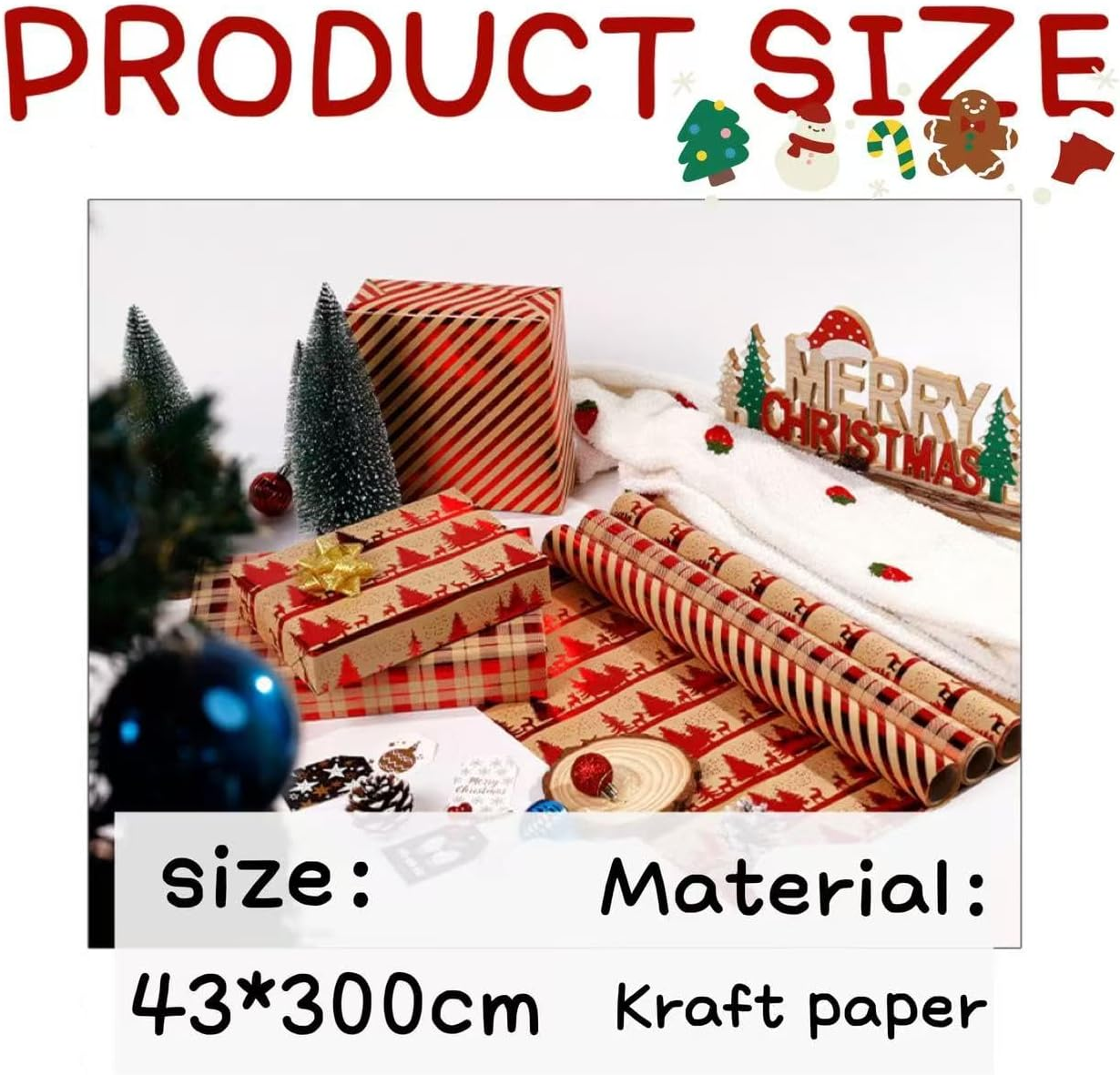 SUPNBDM Christmas Wrapping Paper, Kraft Wrapping Paper for Xmas Day,3 Rolls, 45Cm Width 3M Length Each,With Classical Xmas Pattern Lucky Red,Christmas Wedding Birthday Gift Wrapping Paper image number 5