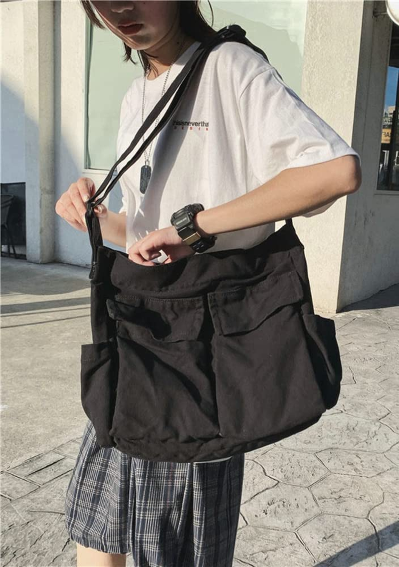 Women Men Crossbody Shoulder Bag Large Hobo Bag with Multiple Pockets Canvas Messenger Tote Bag for Women and Men - Light Khaki image number 5