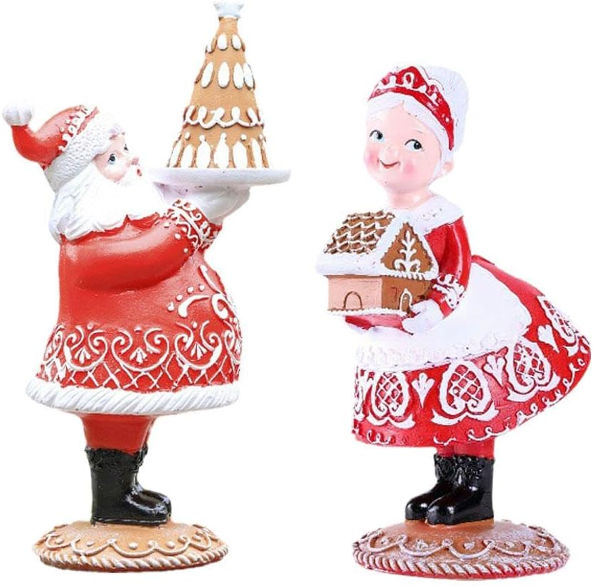 New Gingerbread Santa Couple Statue, Resin Christmas Figurines Decoration, Brown
