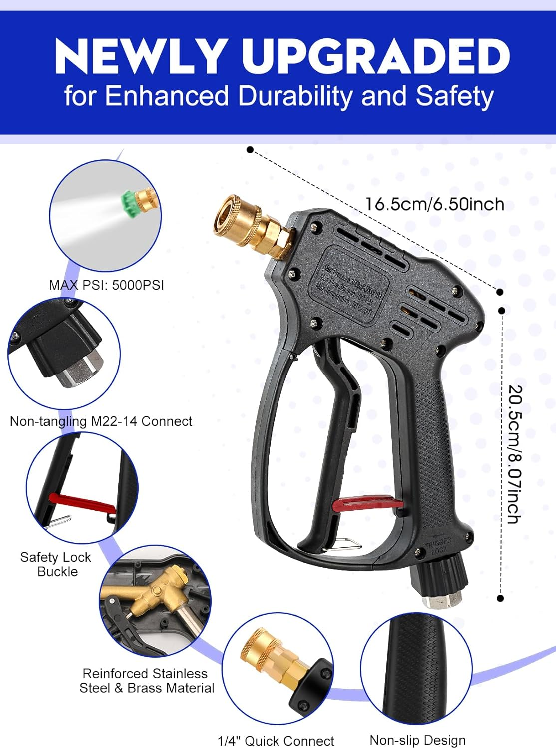 Short Pressure Washer Gun, 5000 PSI Max Swivel High Pressure Washer Extension Wand with 5 Nozzles, M22 14MM Swivel Connect & M22 15MM, Car Wash Kit Power Washer Gun for Cars, Driveway, Yard, Fence image number 5