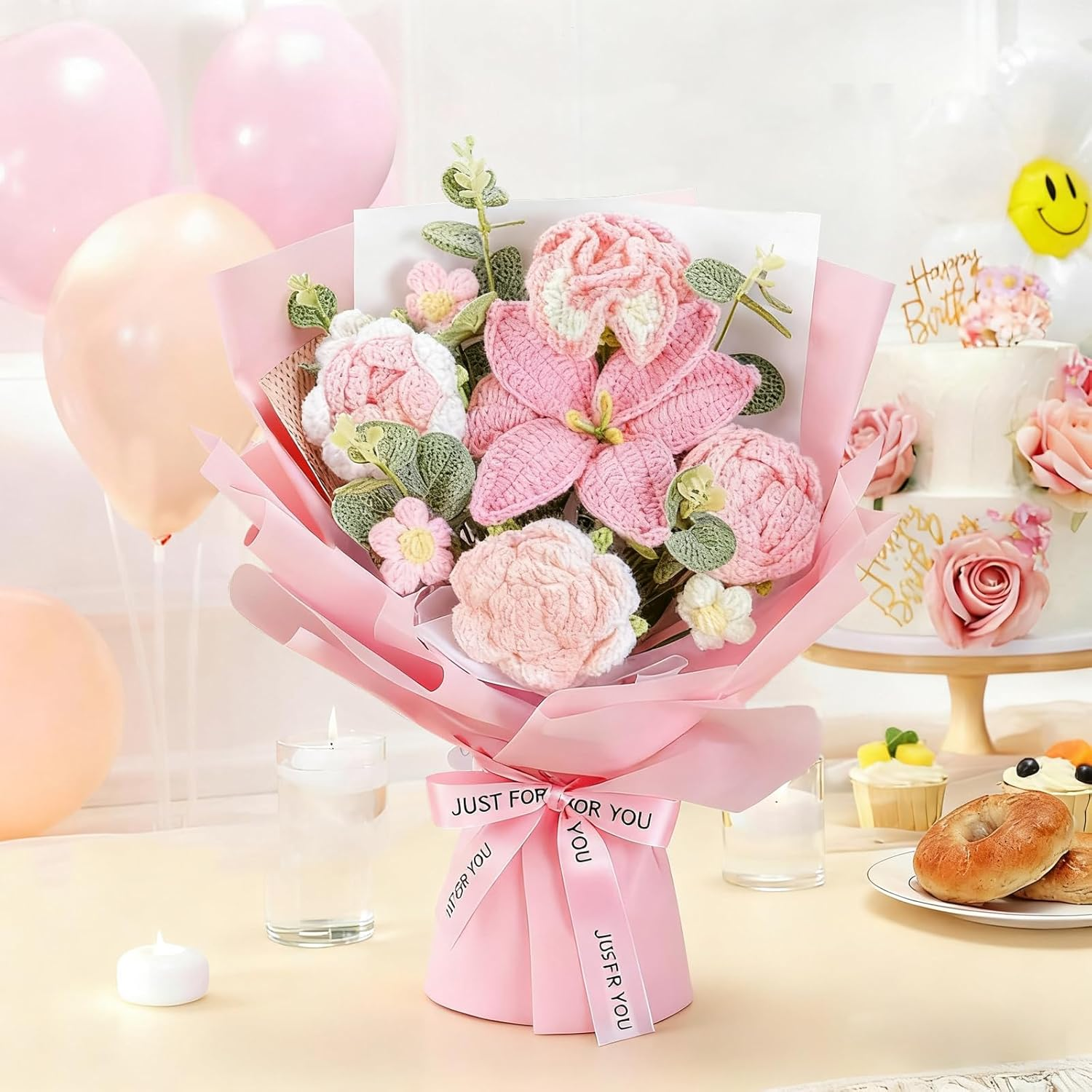 Crochet Flowers Bouquet - Hand Knitted Rose Crochet Flower Bouquet for Home Decor, Weddings, Birthdays, Mother'S Day - Includes Gift Bag and Greeting Card, Faux Crochet Flower image number 5