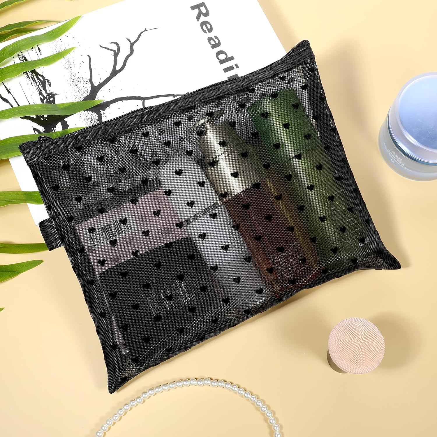 Heart Printed Mesh Makeup Bag Set, Small Mesh Cosmetic Bags Portable Travel Make up Purse Bag Heart Print Zipper Pouch Toiletry Bags for Daily or Travel Use (Black), Black image number 2