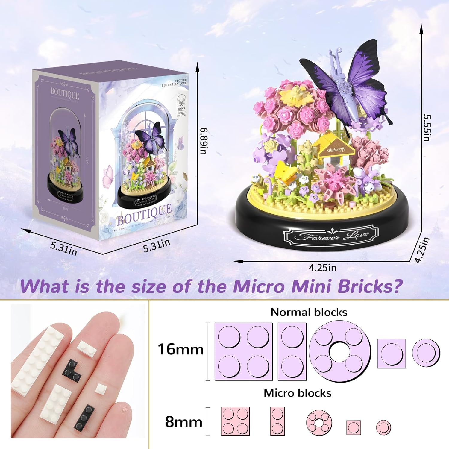 TOY PLAYER Purple Butterfly Flowers Micro Mini Building Block Set, Flowers Insect Clamping Blocks Building Blocks with Dustproof Dome and Base, Gift for Girls from 6 Years (582 Pieces) image number 2
