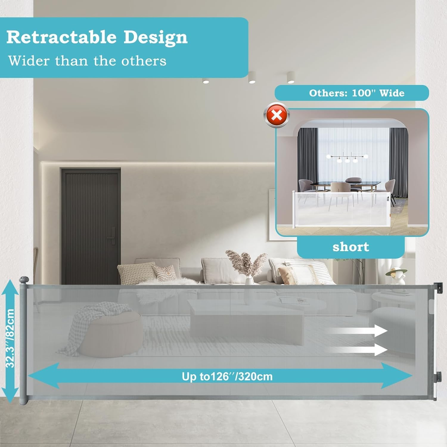 Baby Gate Retractable Gates for Stairs, Mesh Dog Gate for the House, Wide Pet Gate 33" Tall, Extends to 126" Wide, Long Child Safety Gates for Stairs, Hallways, Indoor/Outdoor, Cat Gate (Grey) image number 1