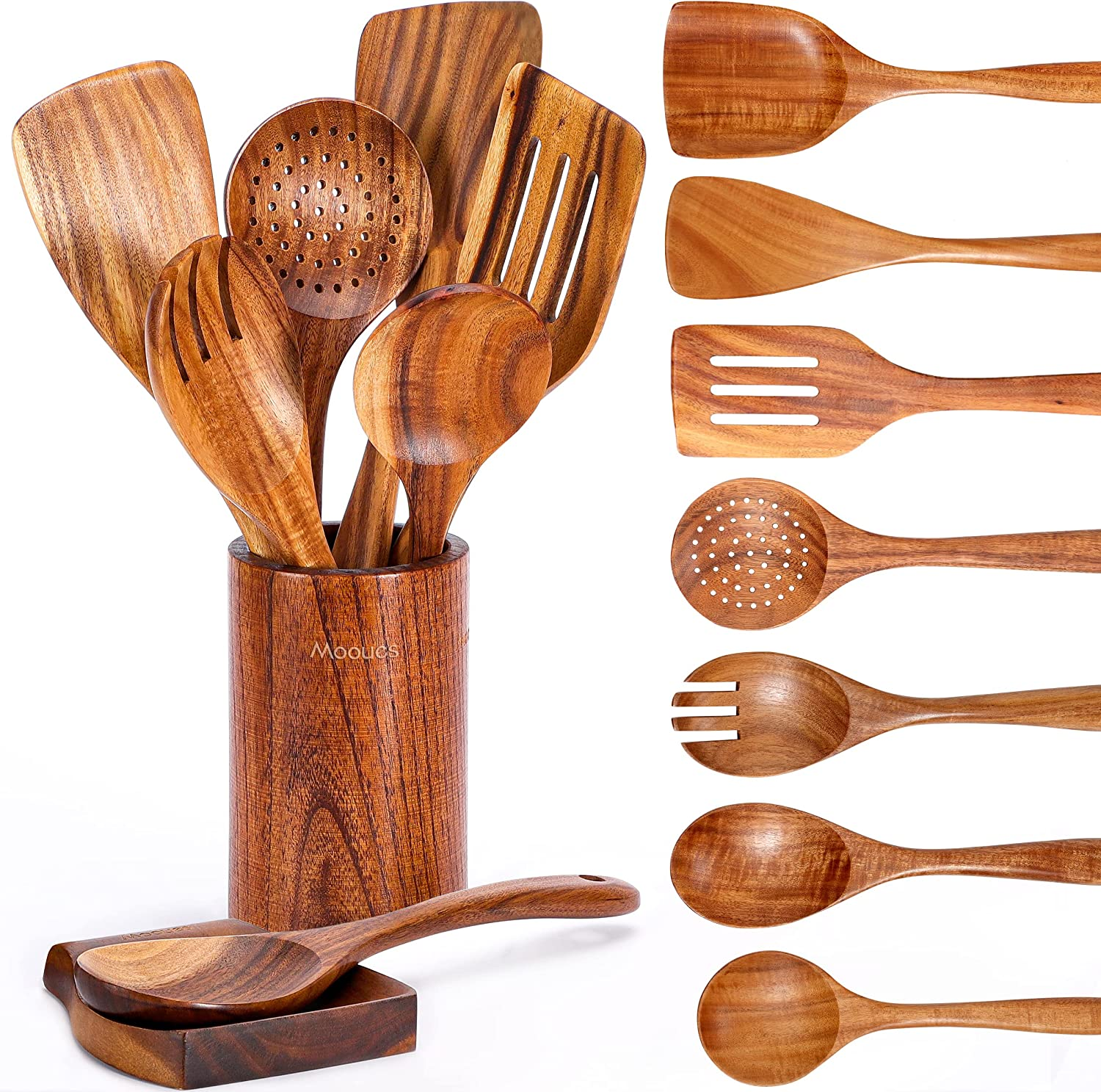 Mooues 9 Piece Natural Teak Wooden Kitchen Utensil Set with Spoon Rest - Comfort Grip Cooking Spoons and Utensils Holder image number 6
