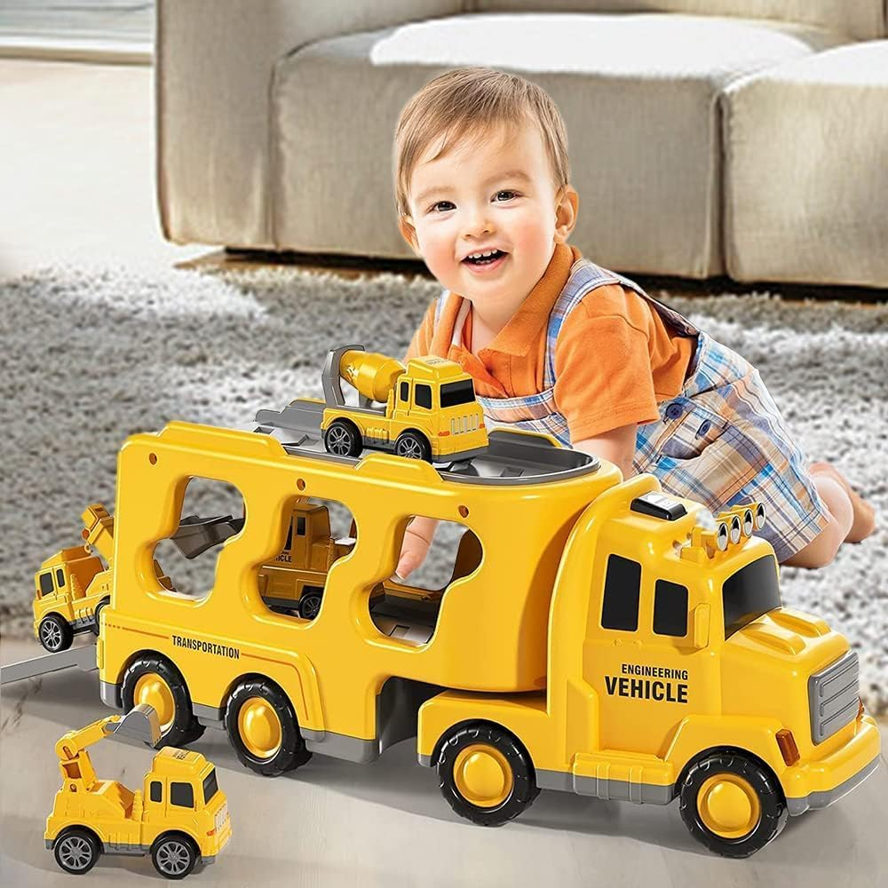Construction Toddler Truck Toys for 3 4 5 6 Year Old Boys 5-In-1 Friction Power Vehicle Car Toy for Toddlers 1-3, Carrier Truck Toys for Kids 3-5 image number 2