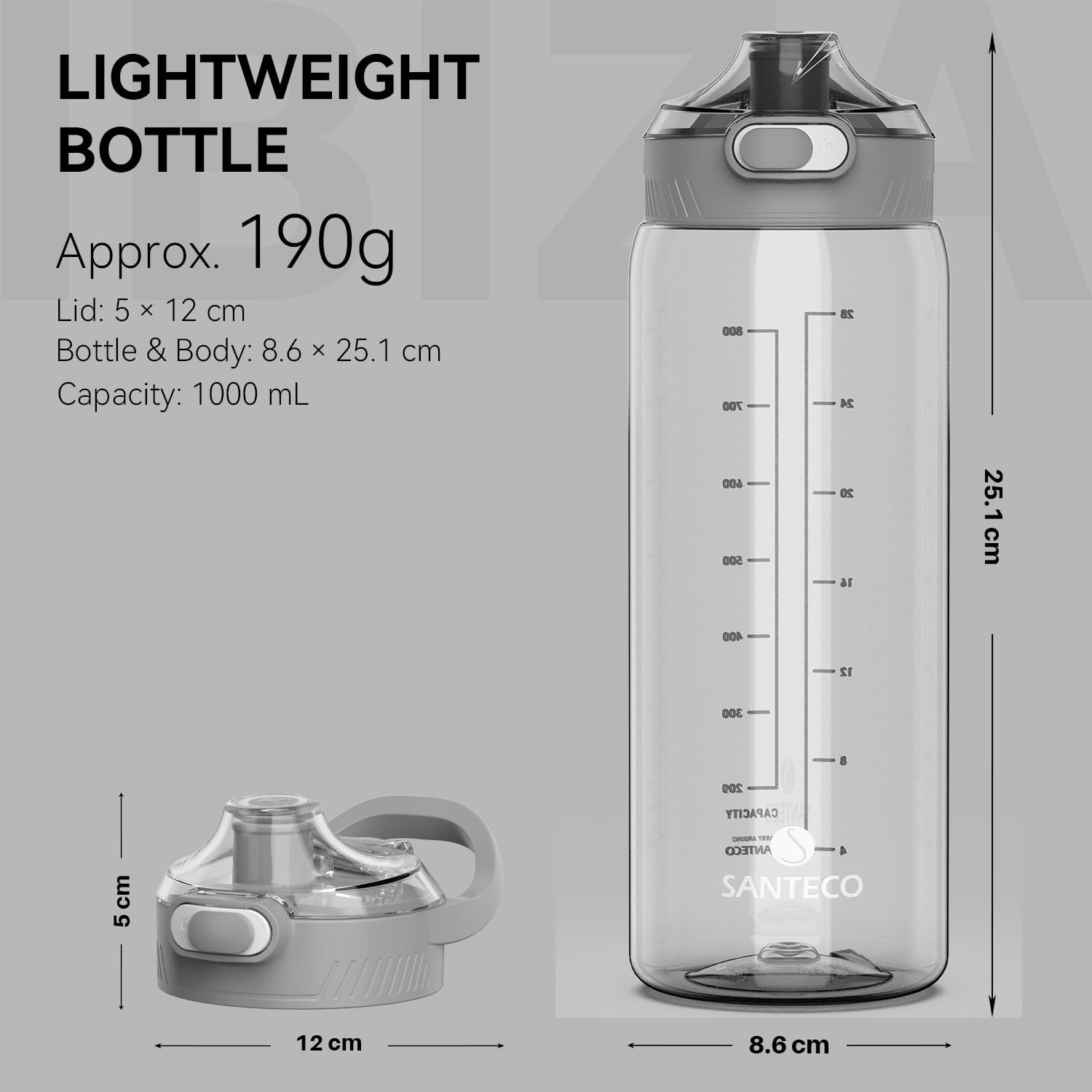 SANTECO 1L Water Bottle BPA Free - Lightweight Sports Bottle with Handle, Leak Proof, Easy Clean, Good for Gym Hiking Travel (Light Grey, 1000Ml) - Lotus Bud image number 6
