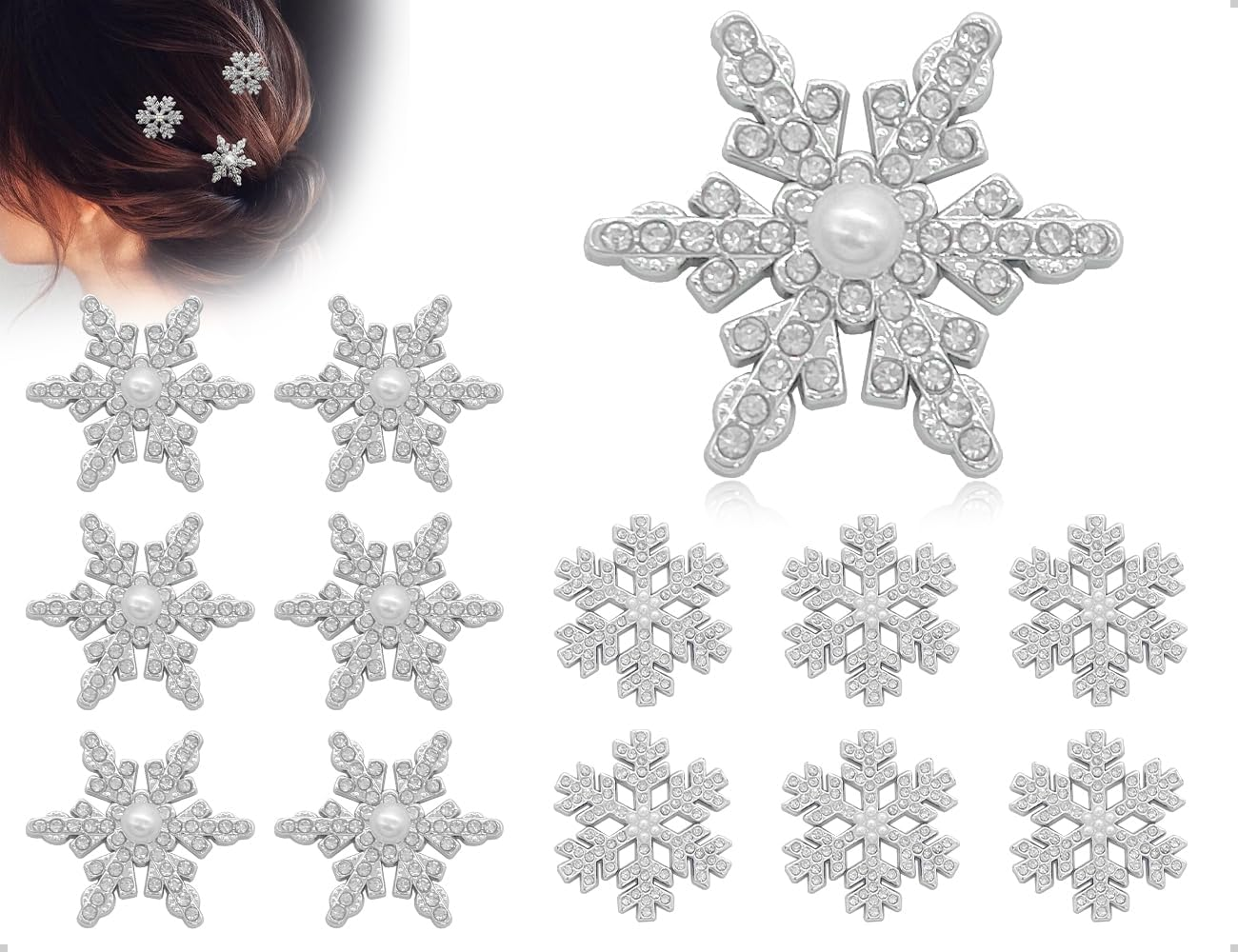 AOYEGIC Pack of 12 Snowflake Hair Clips, Side Hair Accessories, Winter Headpiece with Pearls and Glitter Rhinestones, Used for Women, Girls, Bride, Anniversary Party (Silver) image number 6