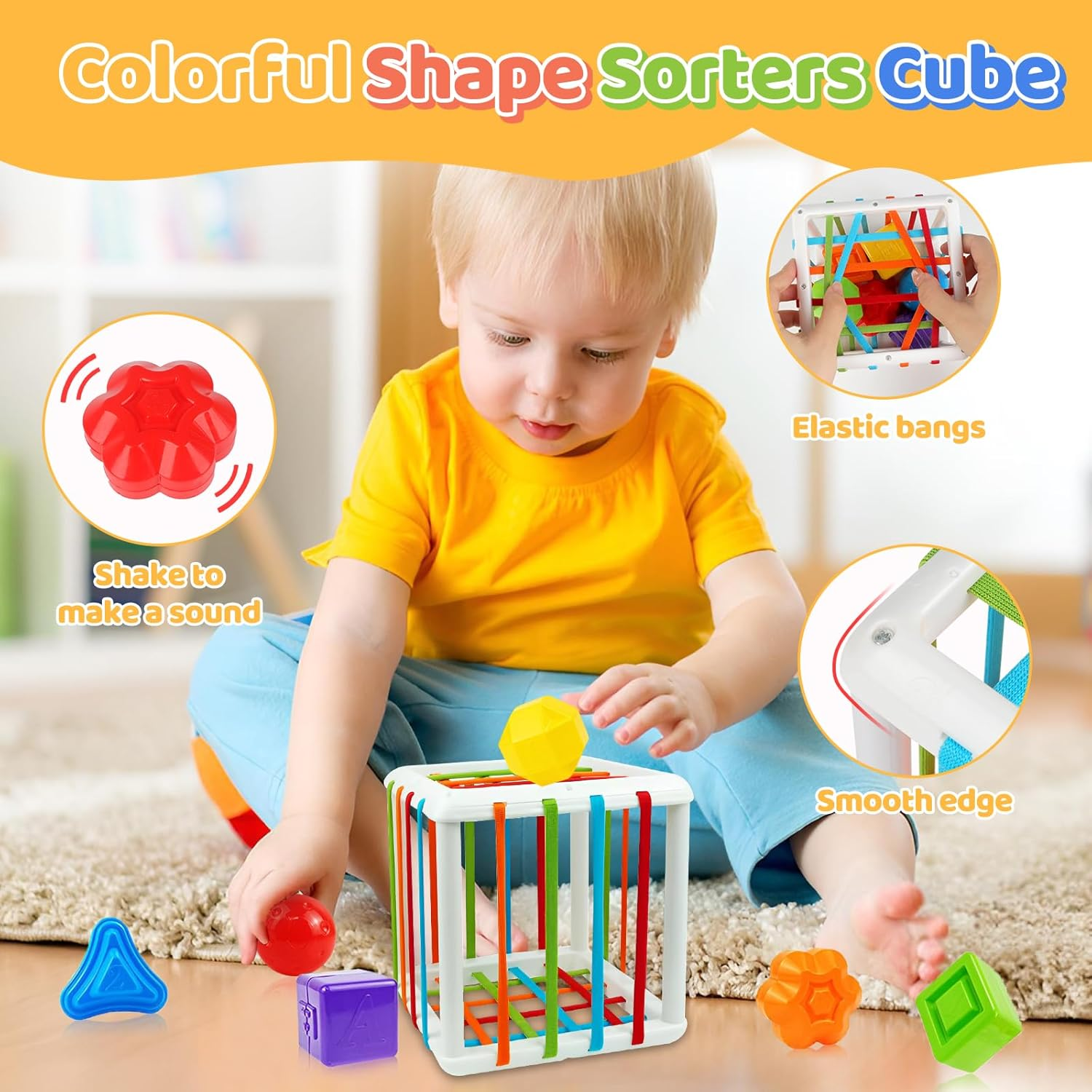 Oundarm 5 in 1 Montessori Sensory Toys for Baby Toddlers Pull String Activity Toy Stacking Cups Shape Sorter Cube Animals Tissue Box Wooden Geometric Shape Puzzles Educational Toys for 1 2 3 Years Old image number 2