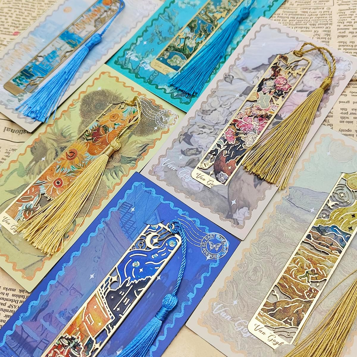 6 Pcs Metal Bookmark with Tassels, Finegood Golden Hollow Bookmarks for Women Oil Painting Book Marks for Reading Book Lovers image number 4