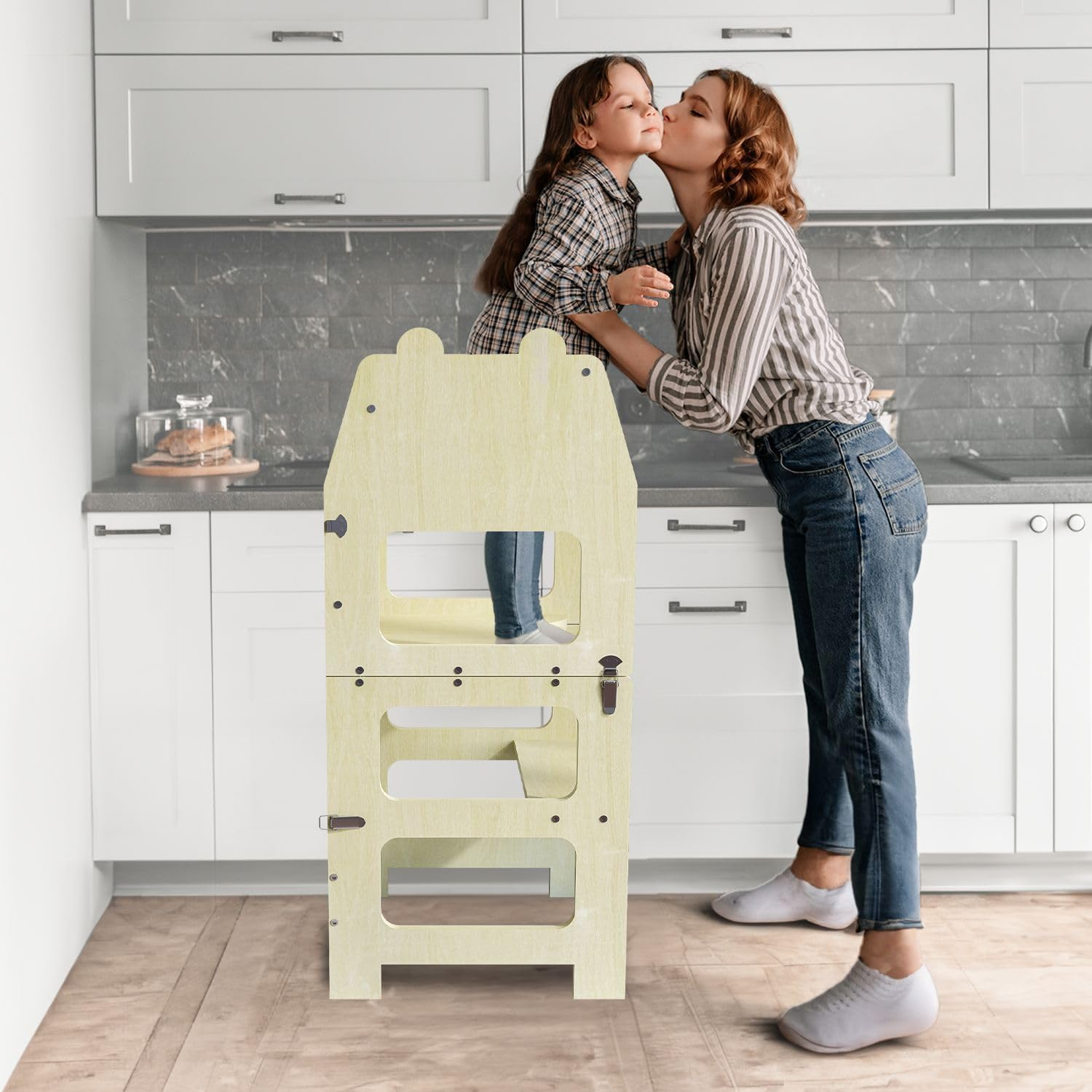 Ekkio Folding Kitchen Kids Step Stool with Chalkboard Non-Slip Design, Versatile Use, Easy Assemble, Lightweight (Wood) image number 3