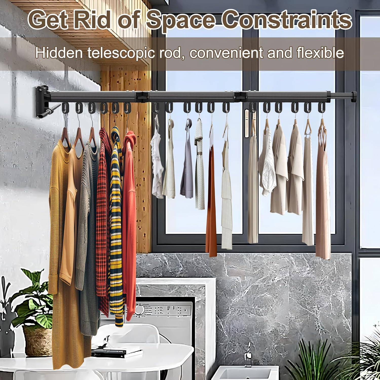 SNSUTY Clothes Drying Rack, Tri-Fold Laundry Drying Rack Wall Mount, Space Saver Clothes Rack with Ring Type Hooks, Retractable, Collapsible, for Balcony, Laundry, Bathroom image number 2