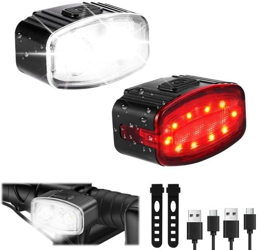 Bike Lights Set Ultra Bright, Bicycle Light Rechargeable Super Bright 6 Modes, IPX6 Waterproof Bike Lights for Night Riding/Cycling Safety, DIY 4X4 + 6X6 Lightning Modes Bike Headlight and Tail Light