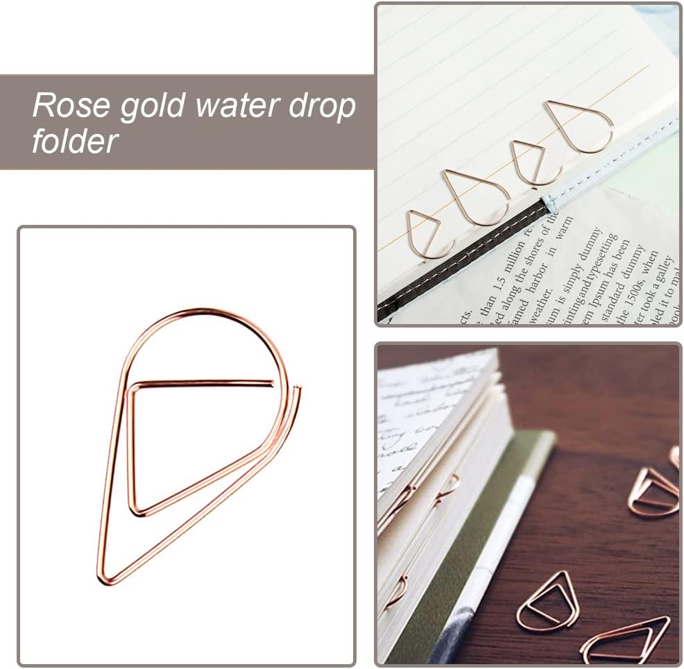 100 Pcs Small Rose Golden Paperclips Stainless Steel Waterdrop Shaped Paperclips Bookmarks Paper Clips Clamps for Memo Paper Photo 15 * 25Mm (Rose Gold) image number 1