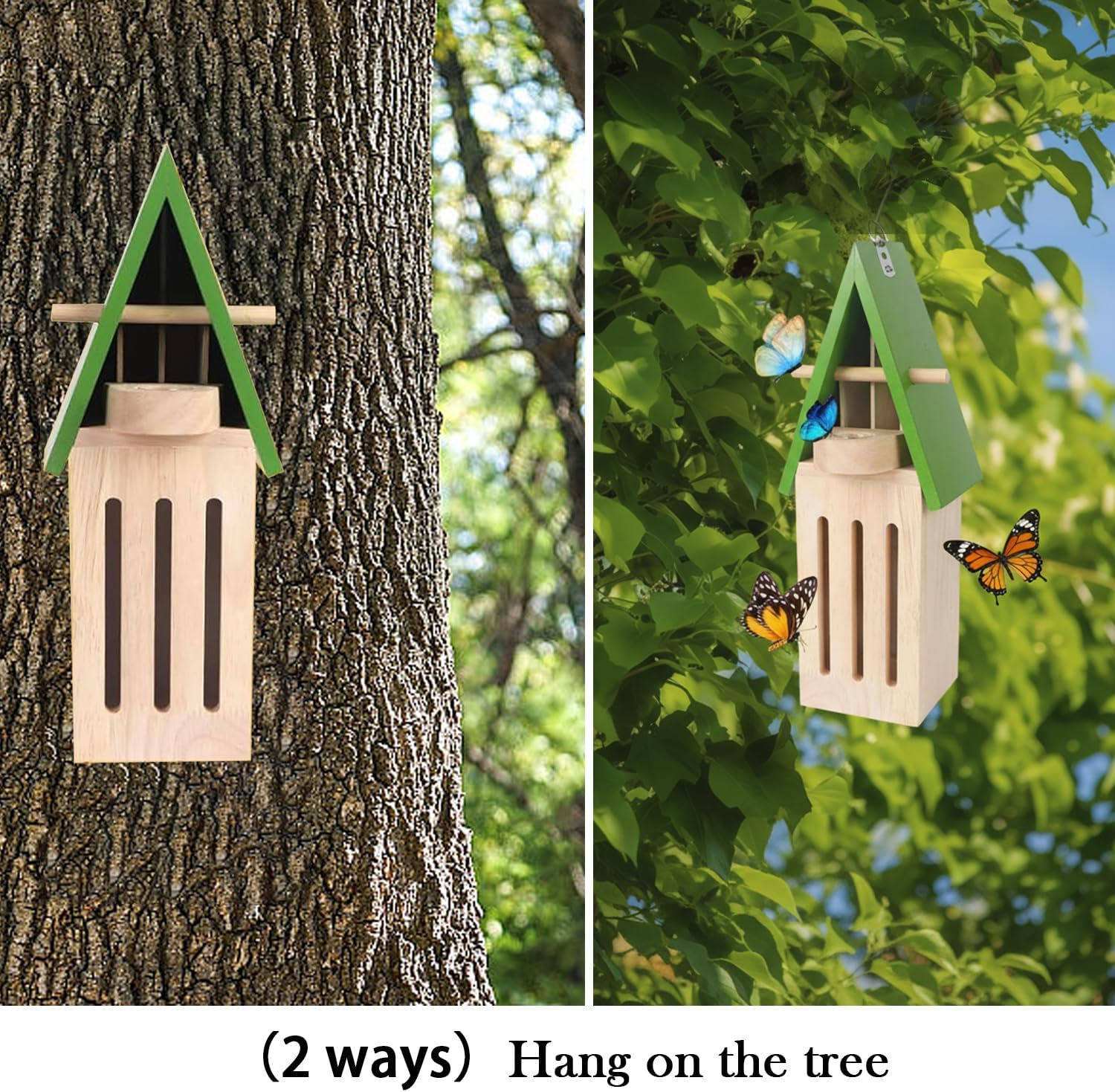 Wooden Butterfly House with Nectar Feeder & Hanging Hooks, Backyard Wildlife Shelter for Outdoor Use image number 3