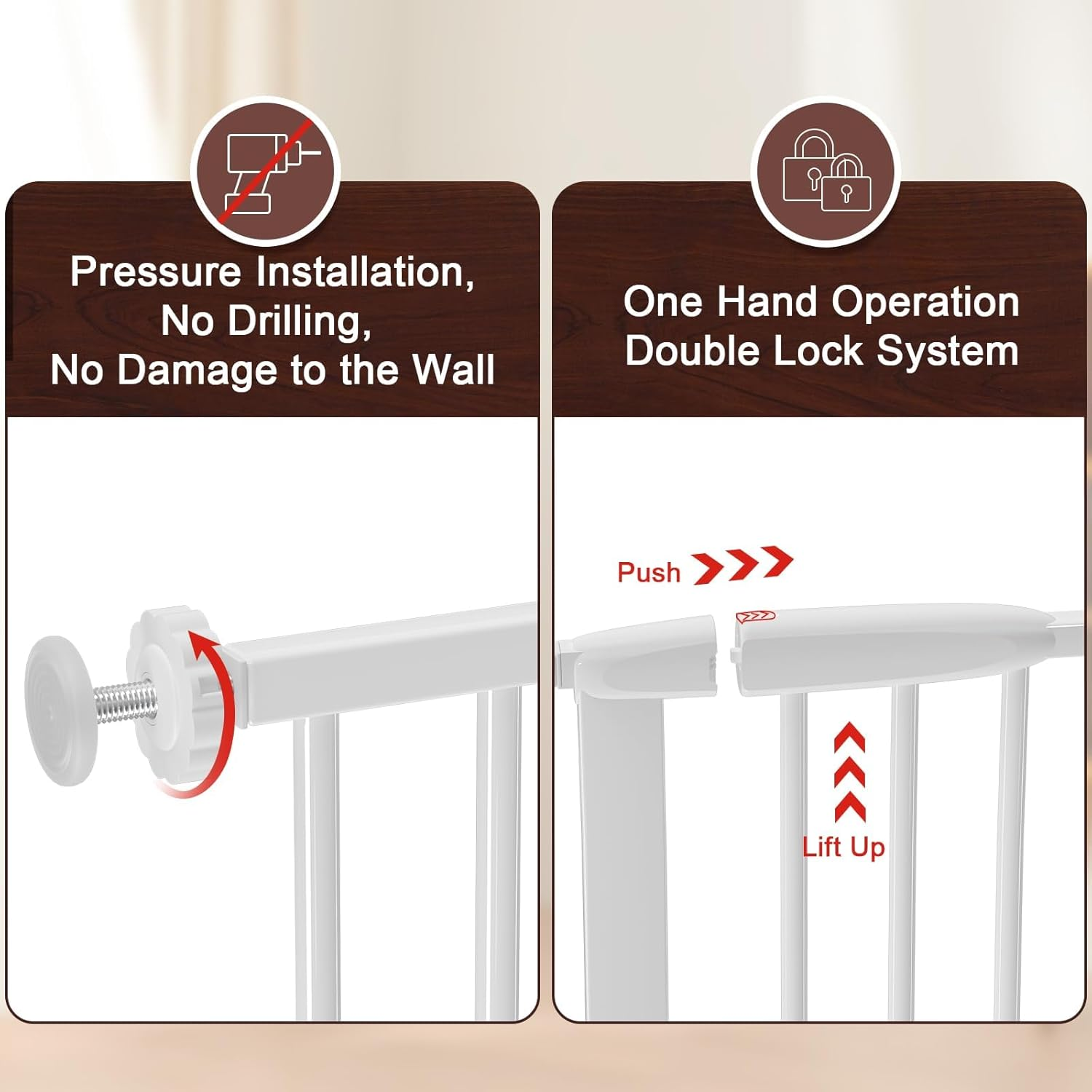 DEARBB Extra Wide Baby Gate Ultra Narrow Spacing 156.5-176.5CM Pressure Mounted Double Lock Swing Auto Close Walk through Metal Safety Pet Gate for Stairs and House Doorway Kitchen image number 4