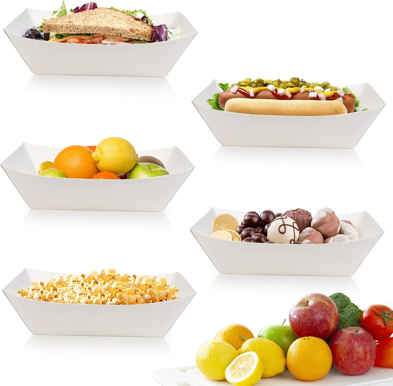 Kraft Paper Food Trays, 100 Pieces, Party Serving Boats for Snacks, Hot Dogs, Fries (100, White)