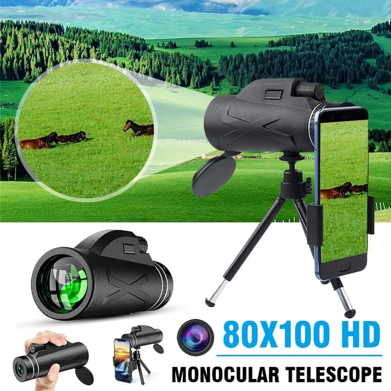AIMALL 80X100 HD Monocular Telescope with Tripod and Phone Holder, Night Vision Zoom, BAK4 Prism, Waterproof, 6.7 X 2.8 Inch, Perfect for Bird Watching, Hiking, and Outdoor Adventures image number 6