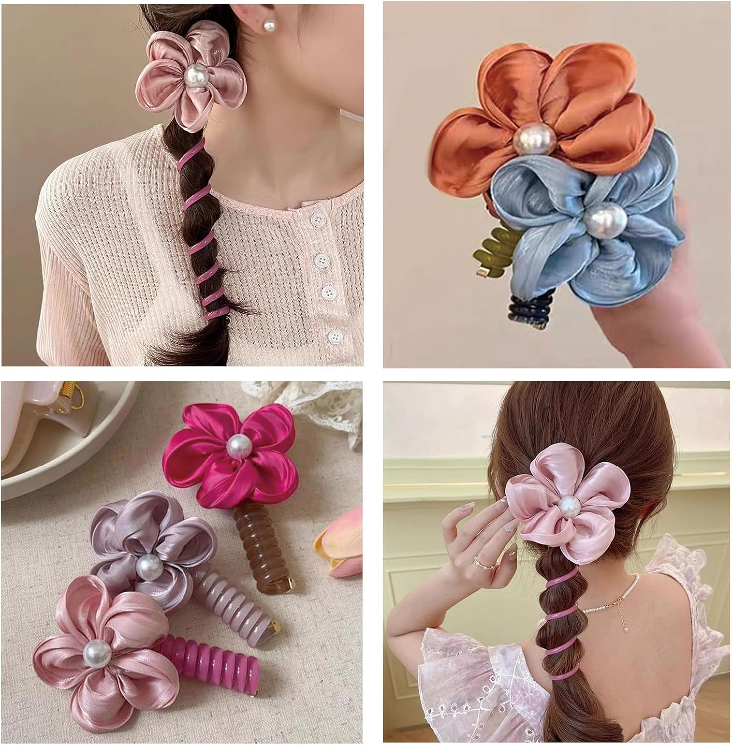 Colorful Phone Wire Hair Bands Flower Beads Spiral Hair Ties Ponytail Holder No Damage Phone Cord Hair Ties Bobbins for Women and Girls Thin Thick Accessories 5 Pack image number 4