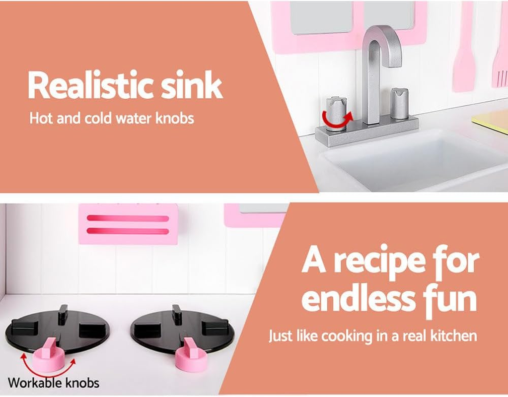 Keezi Kids Kitchen Set 12 in 1 Pretend Play Food Playset Wooden Toys Mud Kitchens Children Cooking Cookware Sets Toy Home Cubby House Furniture for Boys Girls, Ample Storage Space Pink White image number 1