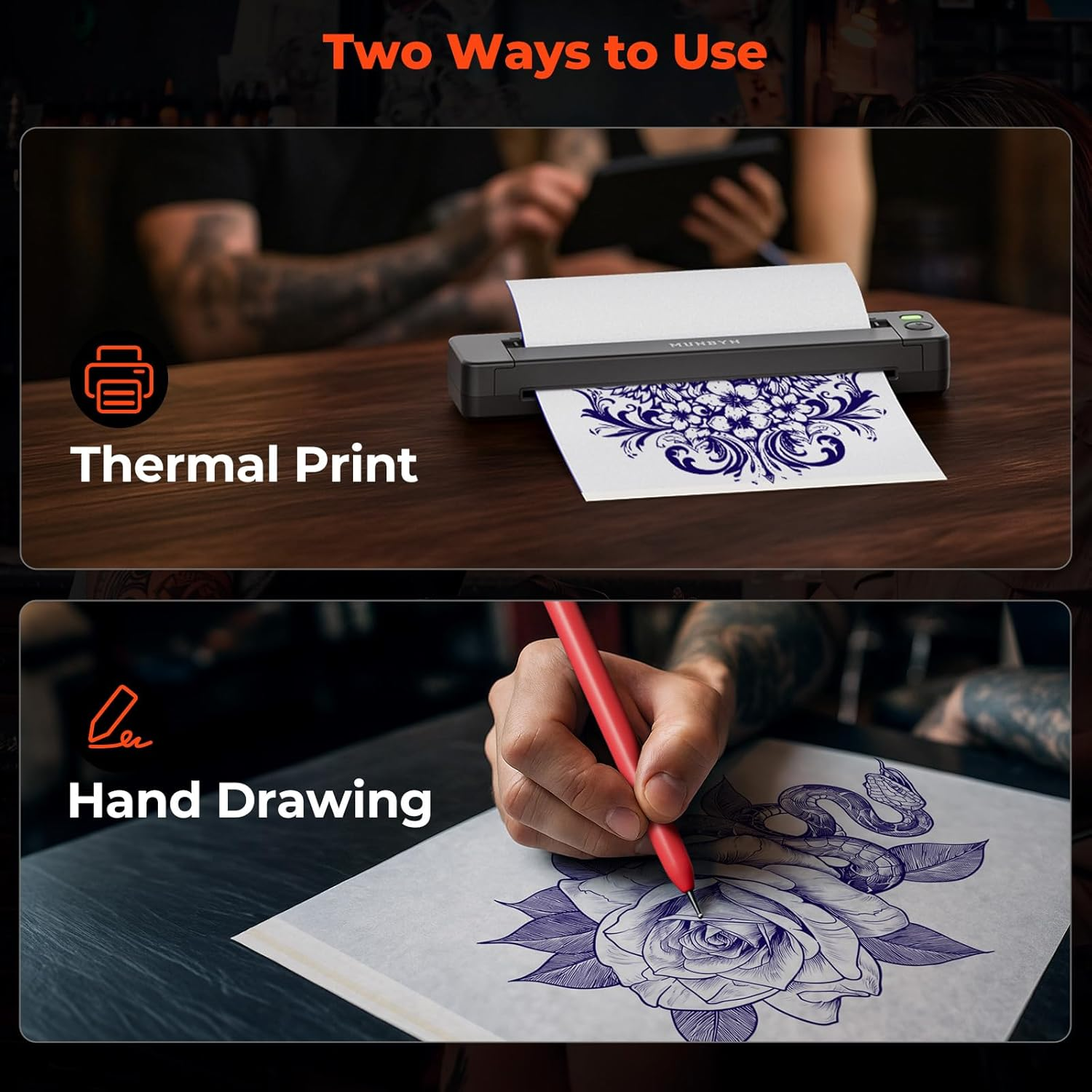 MUNBYN Premium HD Tattoo Transfer Paper 20 Sheets, A4 Size Tattoo Stencil Paper, Instant Clear Transfer, Tattoos Kit Supplies, Compatible with ITP05/ITP06/M08F/P90/MHT-P8009 Printer image number 1