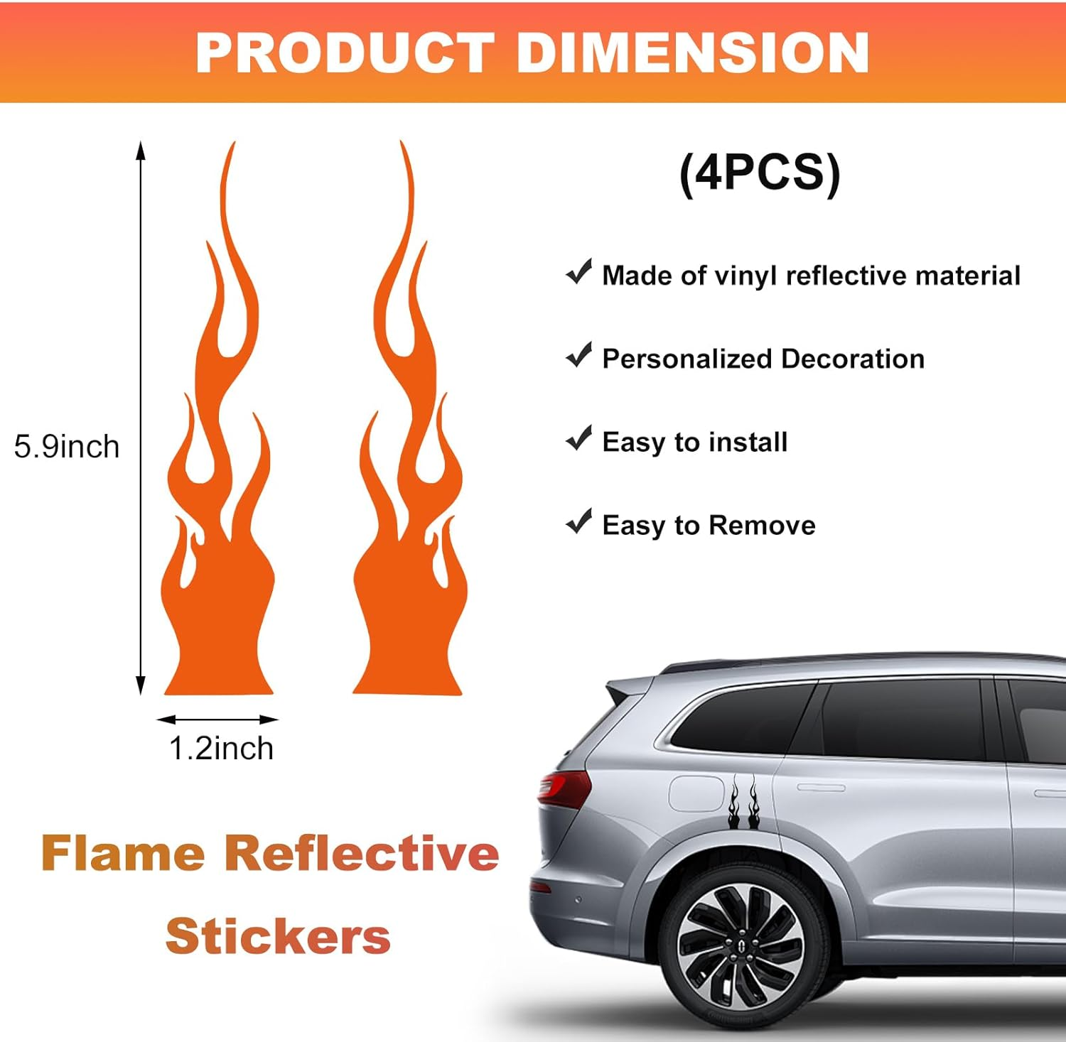 4 PCS Car Flame Reflective Sticker, Waterproof Racing Sports Flame Stripe Decal, Self Adhesive Bumper Decals Safety Stickers for Car Mirror Motorcycle Helmet, Car Accessories (Orange) image number 3