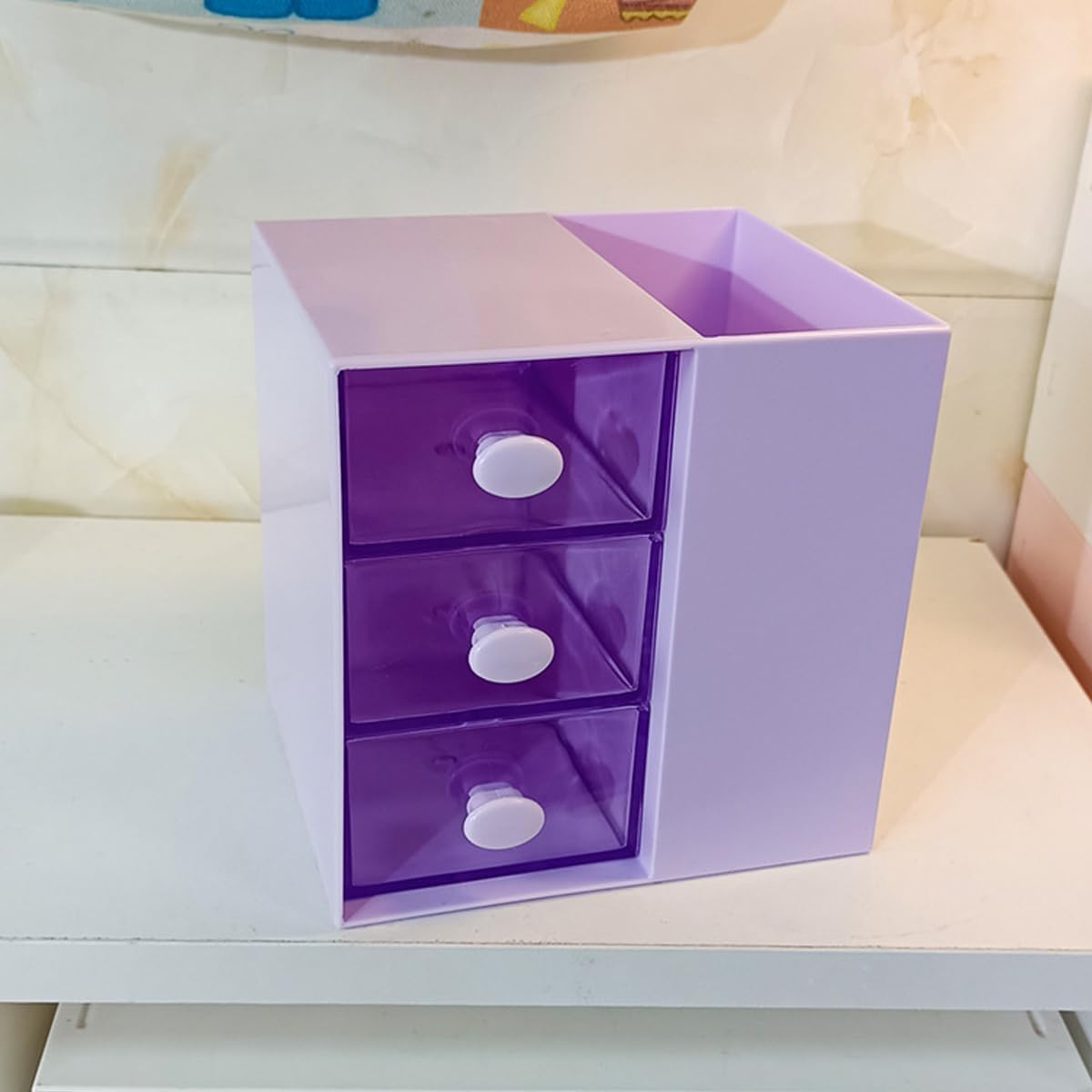 AIMALL 3-Drawer Pen Organizer, Multi-Purpose Purple Storage Box, Plastic Cosmetic & Office Supplies Holder, Versatile Desk Organization for Home, Office, Classroom &ndash; 4.64In X 3.93In image number 2