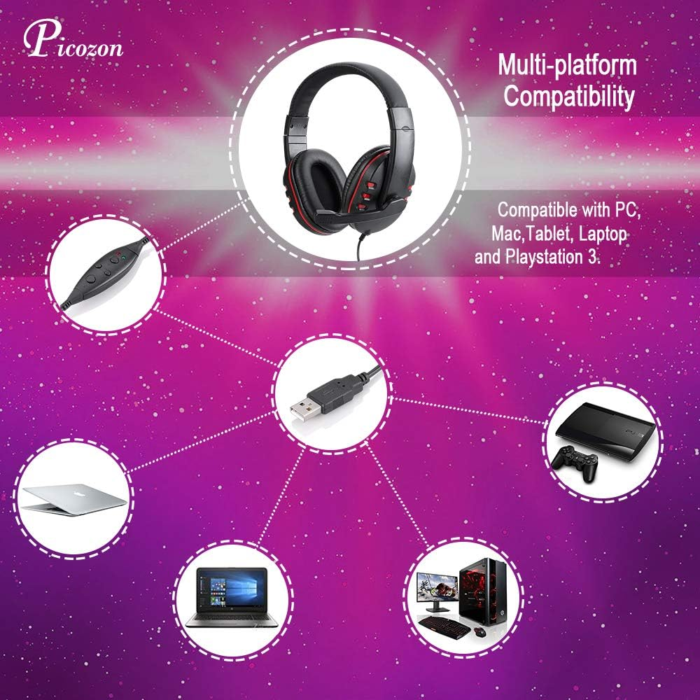 Picozon USB Gaming Headset Headphone with Microphone for PS4, Playstation Vita, Mac, Laptop, Tablet, Computer, Mobile Phones image number 2