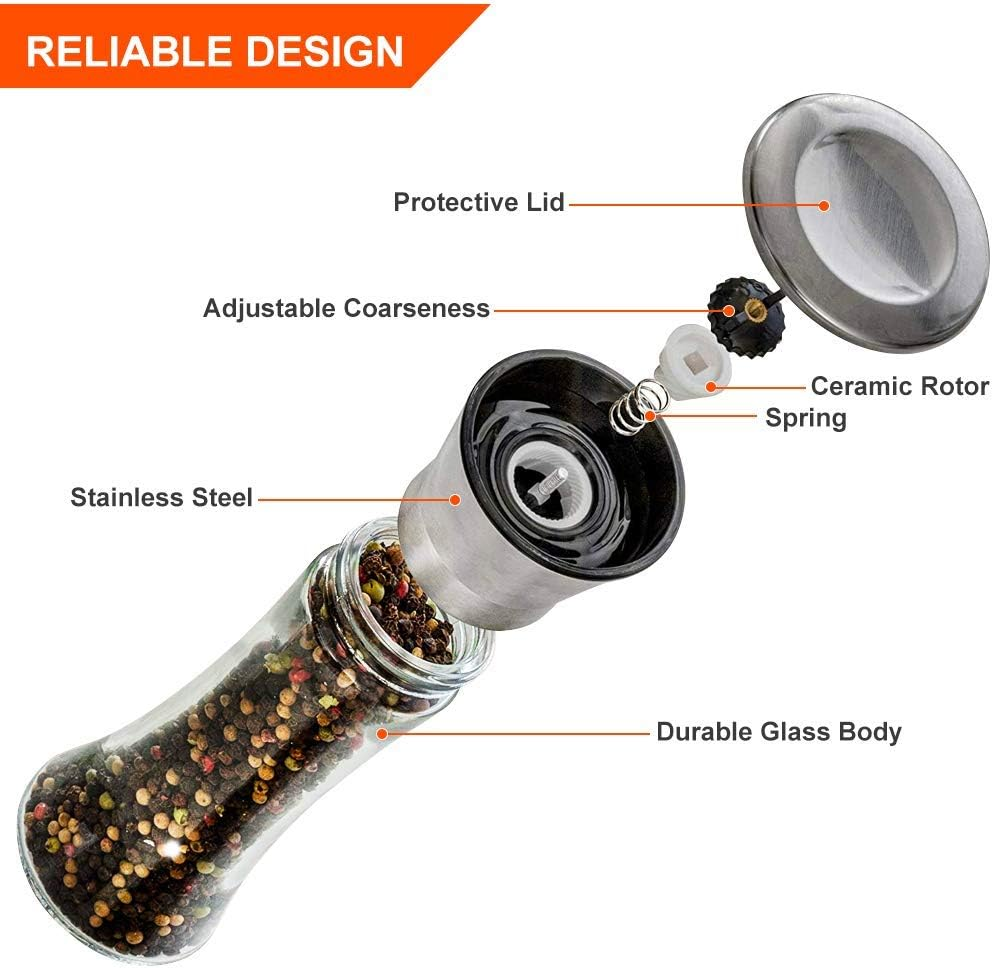 Salt and Pepper Shakers Grinders Set Refillable Stainless Steel,Adjustable Coarseness Mills Glass Material to Refill Sea Salt,Small Peppercorn,Black Pepper,Fits in Home,Kitchen,Barbecue,Party image number 6