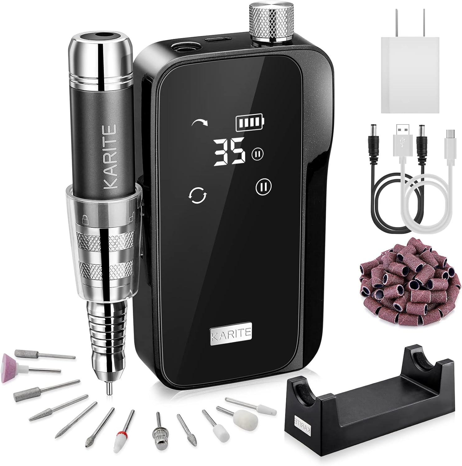 Karite Nail Drill for Acrylic Nails Professional, 35000RPM Portable File, Electric Machine 24H Working Time, Coreless Motor and 12 Bits, Art Manicure Pedicure, Low Noise, Bright Black