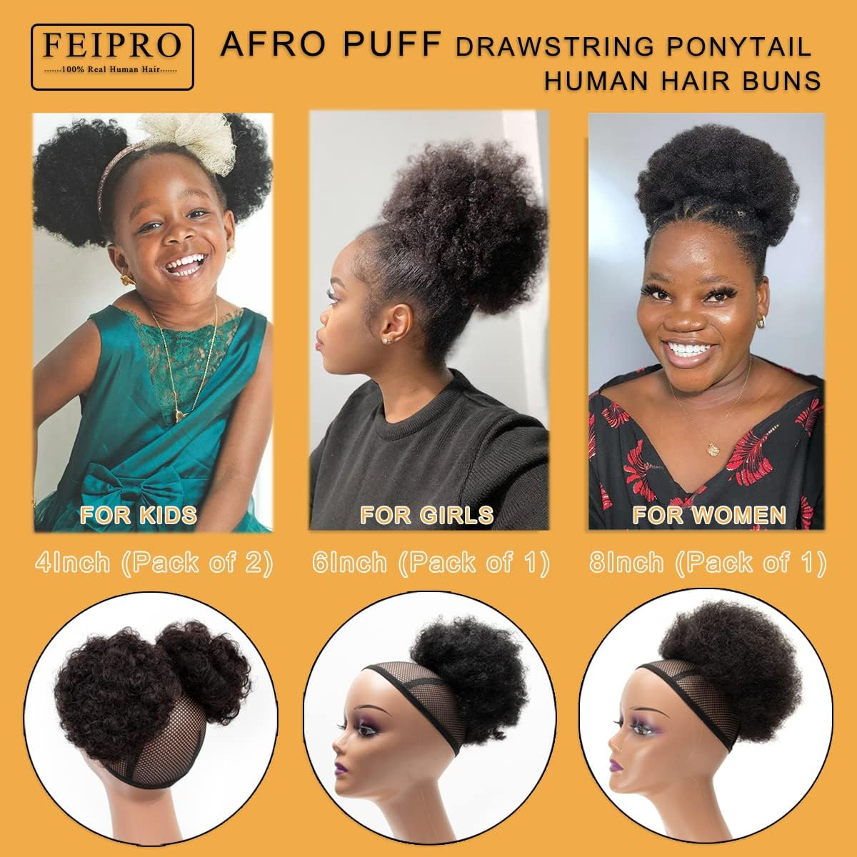 FEIPRO Afro Puff Drawstring Ponytail Human Hair Small Curly Ponytail Buns Hairpieces 8A Brazilian Virgin Hair Short Clip in Ponytails for Black Women Girls Kids 6 Inch Natural Black image number 6