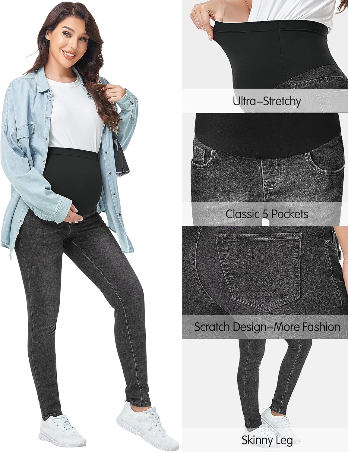PACBREEZE Women'S Maternity Jeans over Belly Skinny Stretchy Denim Pants Comfy Slim Pregnancy Pants (Wash Black, Large), Black image number 6