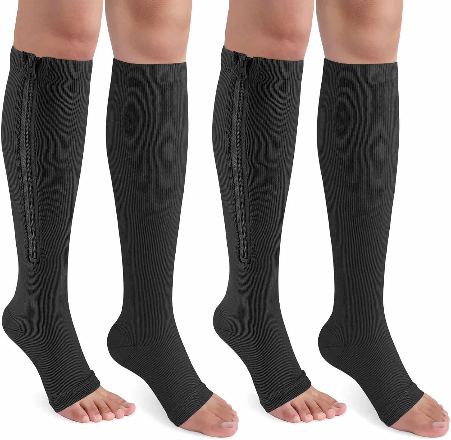 CASMON 2 Pairs Zipper Compression Socks for Women & Men, 15-20 Mmhg Open Toe Knee High Support Socks for Varicose Vein Edema