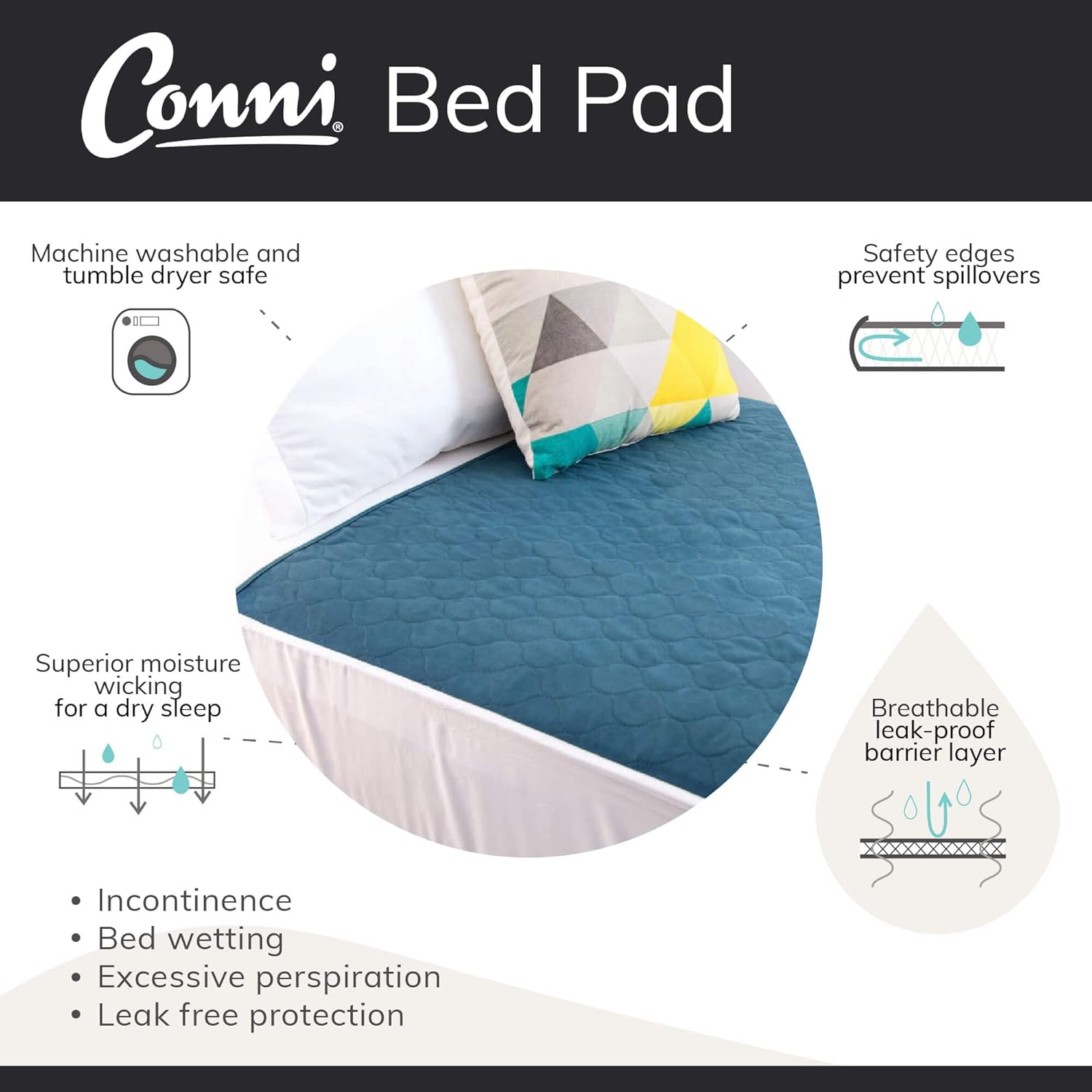 Conni Reusable Bed Pad with Tuck-Ins, Absorbent, Waterproof and Washable Protector Pad for Incontinence, Bed Wetting and Perspiration, Teal Blue, 100 X 100 Cm - Mauve image number 5