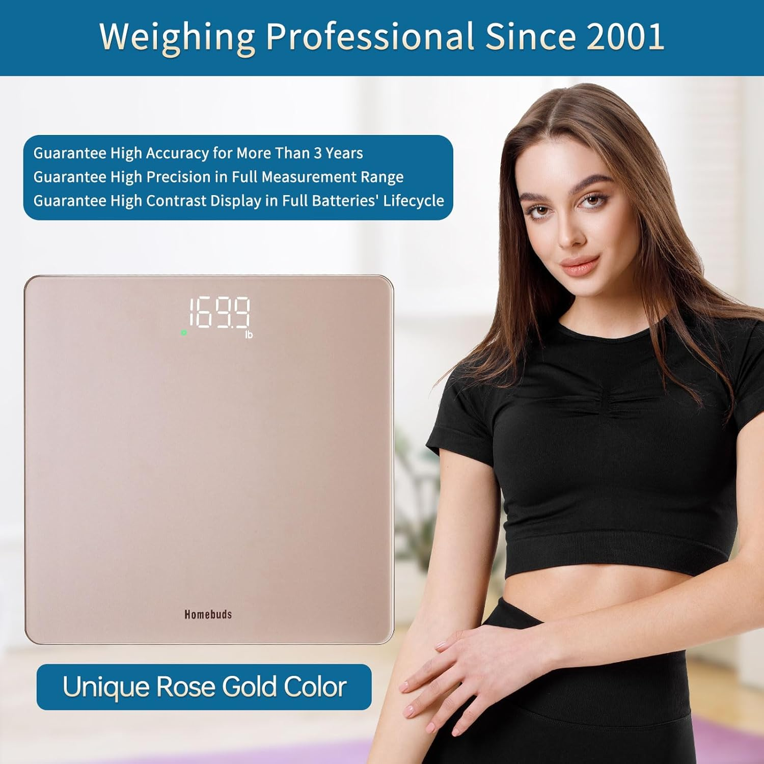 Homebuds Digital Bathroom Scales for Body Weight, High Precision Assured by Weight Scale Professional Factory since 2001, LED Display and Step-On, 3*AAA Batteries Included, 182Kg/400Lb, Rose Gold image number 2
