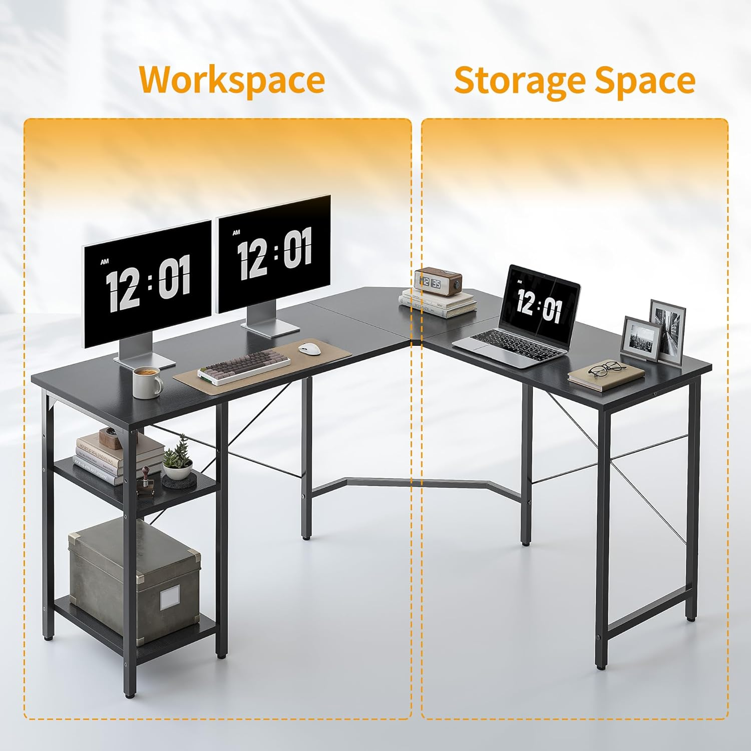 Cubicubi L Shaped Computer Desk, 150 Cm Industrial Office Desk with Storage Shelves, White Wood and Metal Corner Desk for Home Office, Black image number 1