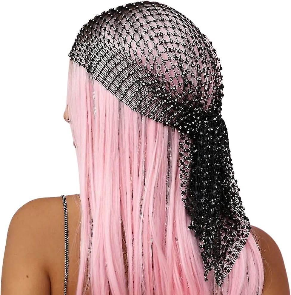 Sexy Sparkly Rhinestone Mesh Headband Hijab Cap Head Wrap Fishnet Rave Party Head Scarf Turban Hat Hair Accessory for Women Girls (Black, 1PC) image number 1