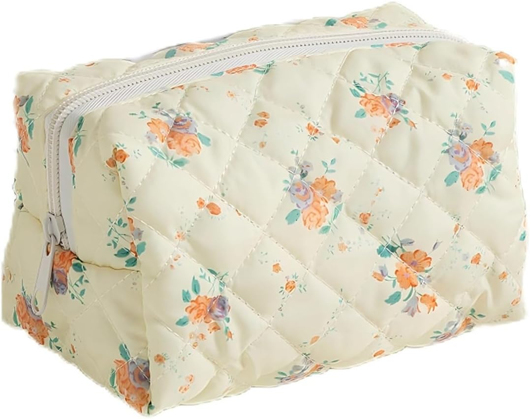 Quilted Makeup Bag, Cute Floral Cosmetic Bag for Women, Cotton Make up Bag, Flower Travel Toiletry Bag Organizer Floral-6
