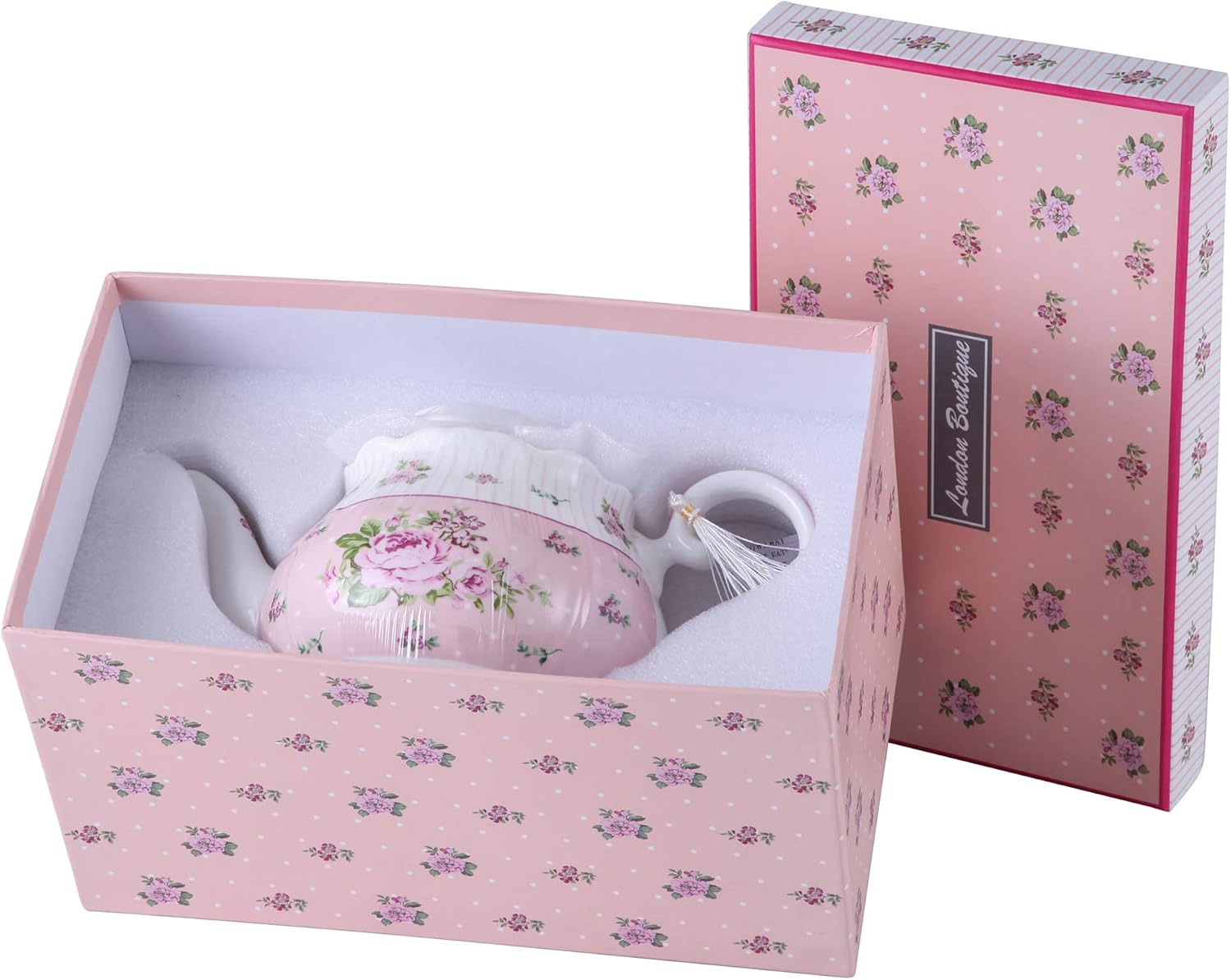 London Boutique Porcelain Teapot Sugar Bowl and Cream Milk Jug Shabby Chic Vintage Floral in Gift Box 40Oz (Teapot Rose Pink) - Cream  Sugar Set Bird Rose Butterfly image number 4