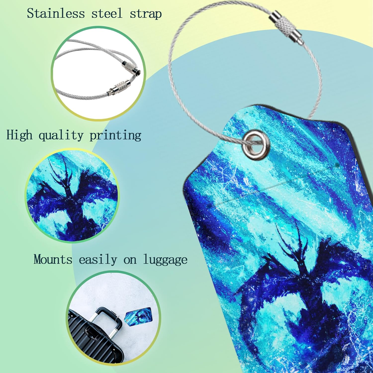 SKYDAWNY 2 Pack Leather Luggage Tags for Suitcase,Blue Dragon Water Glowing Travel Cruise Baggage Tag for Women Men Luggages Bag with Privacy Cover Name ID Label Stainless Steel Loop image number 6