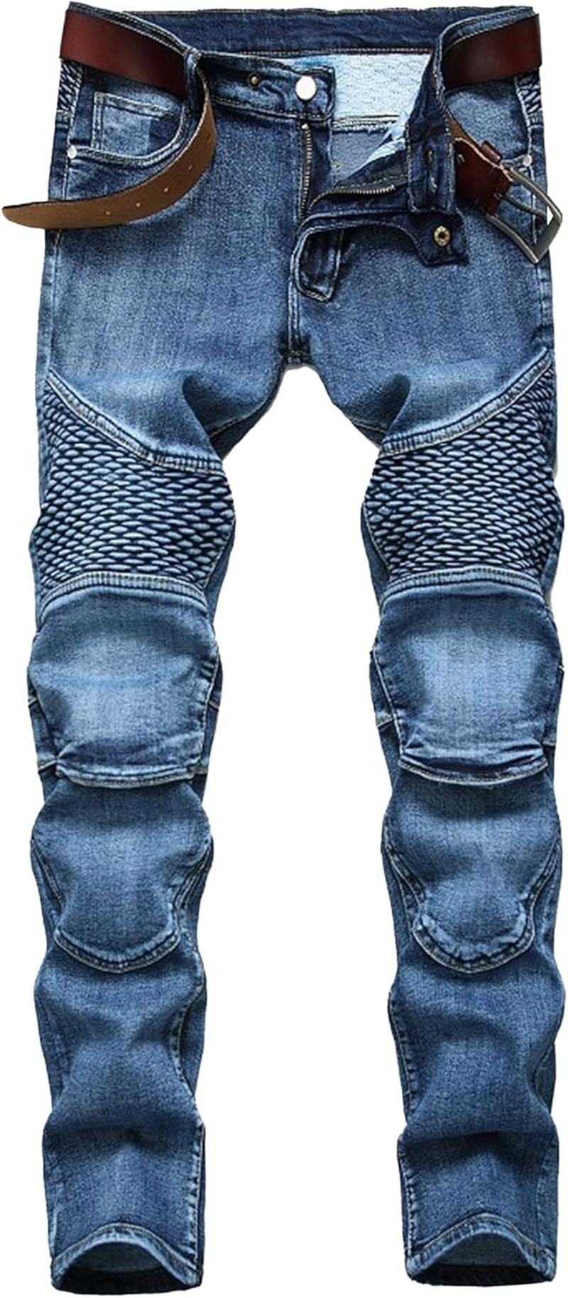 Men Daily Cycling Knee Denim Pants Vintage Slim Casual Motorcycle Jeans Y2K Classic Mid Rise Comfy Trousers, Blue, 32 image number 6