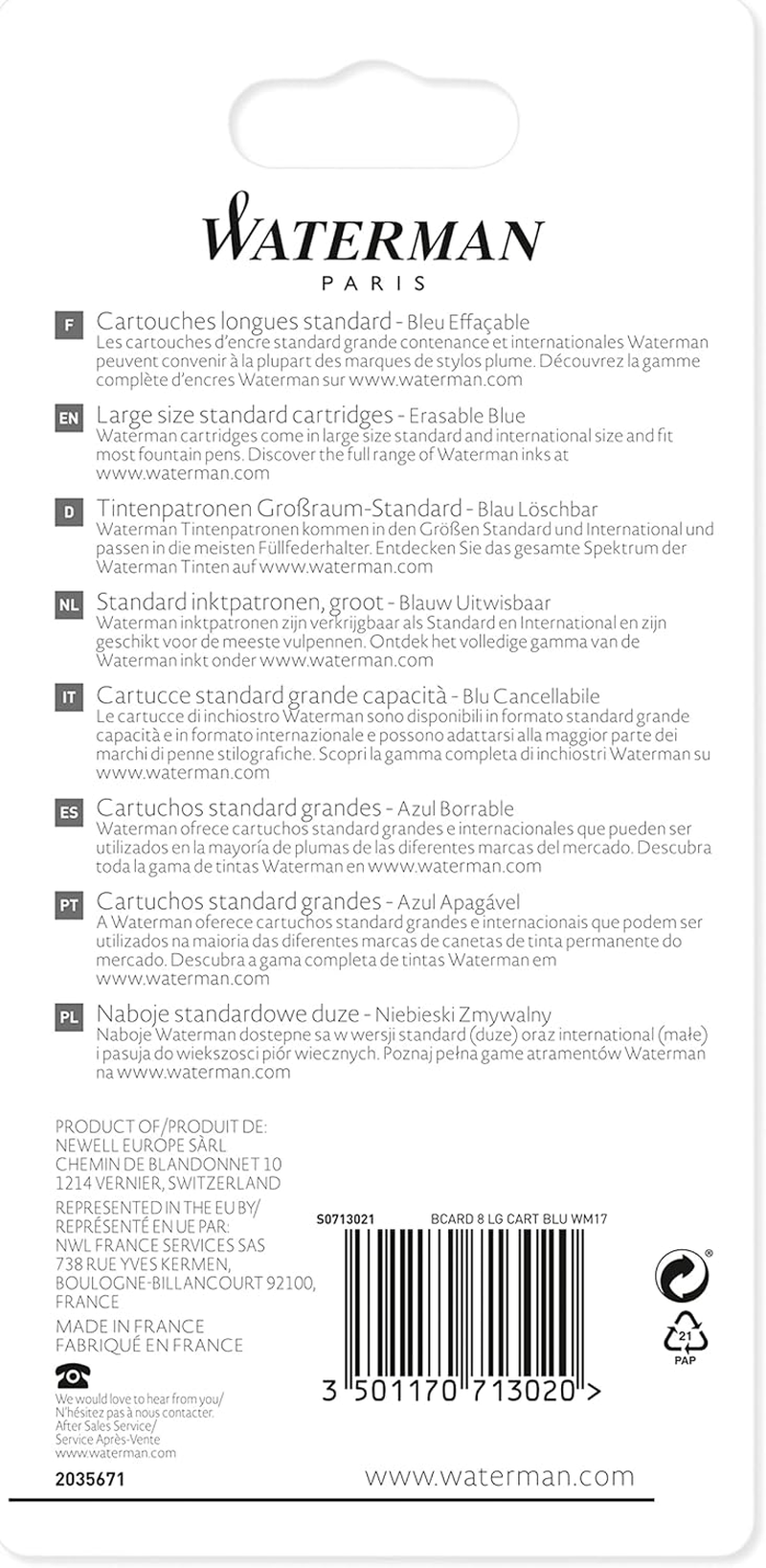 Waterman S0713021 Fountain Pen Ink Cartridges, Long, Serenity Blue, 8 Count, Blister Pack image number 1