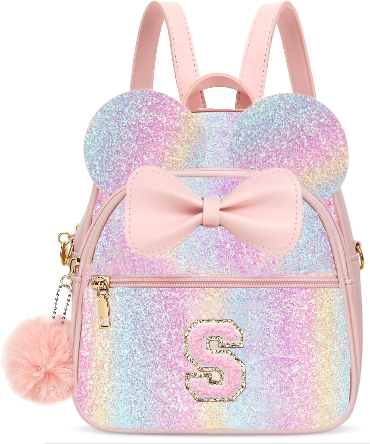 PRLINJSK Initial Mini Backpack for Girls Toddler Kids, Small Mouse Personalized Bowknot Purse Gift