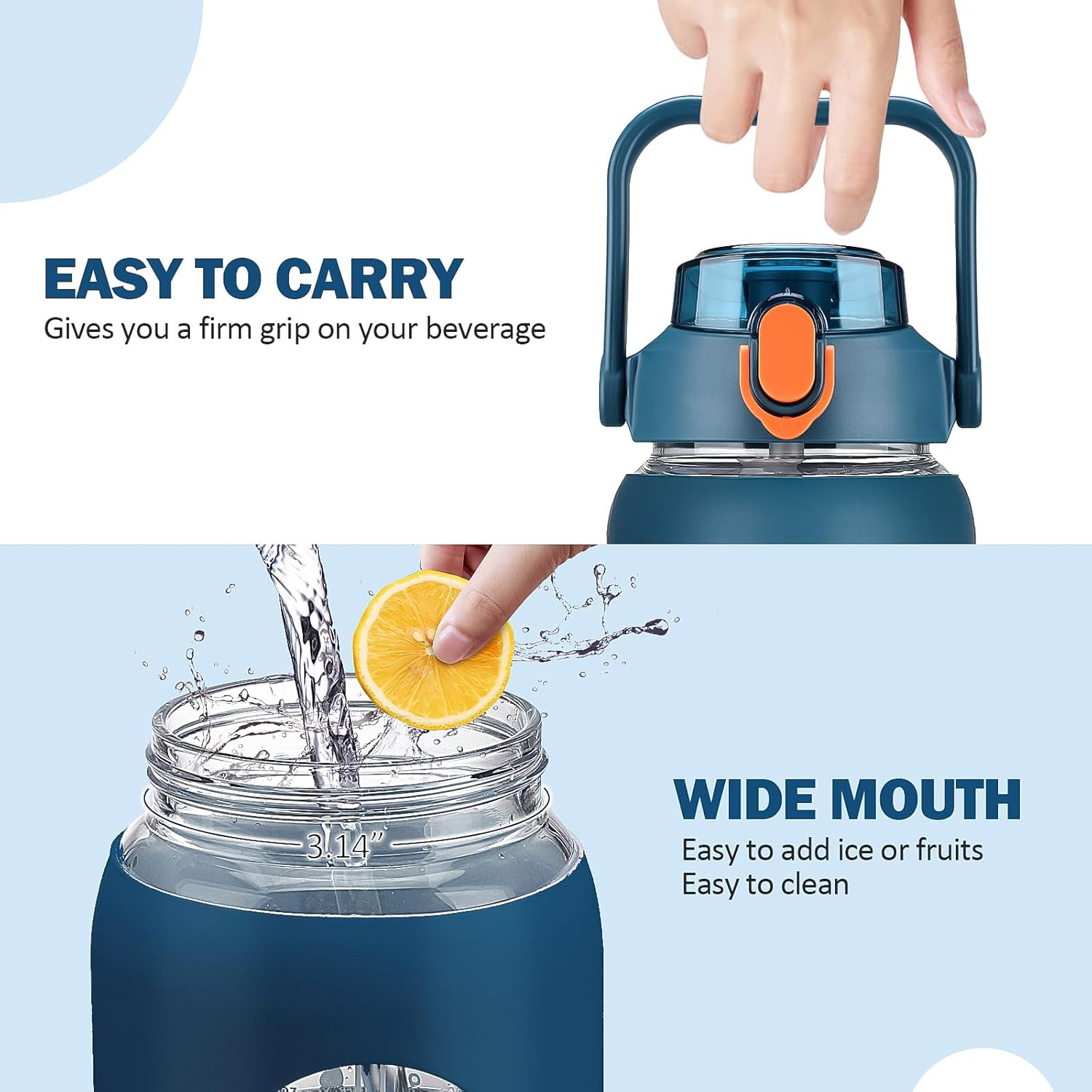 Kytffu 64Oz Glass Water Bottles with Straw, Half Gallon Motivational Glass Bottle with Silicone Sleeve and Time Marker, 2L Leakproof Large Glass Water Jug for Gym Home Office,Blue - 84 Ounces, Black image number 6