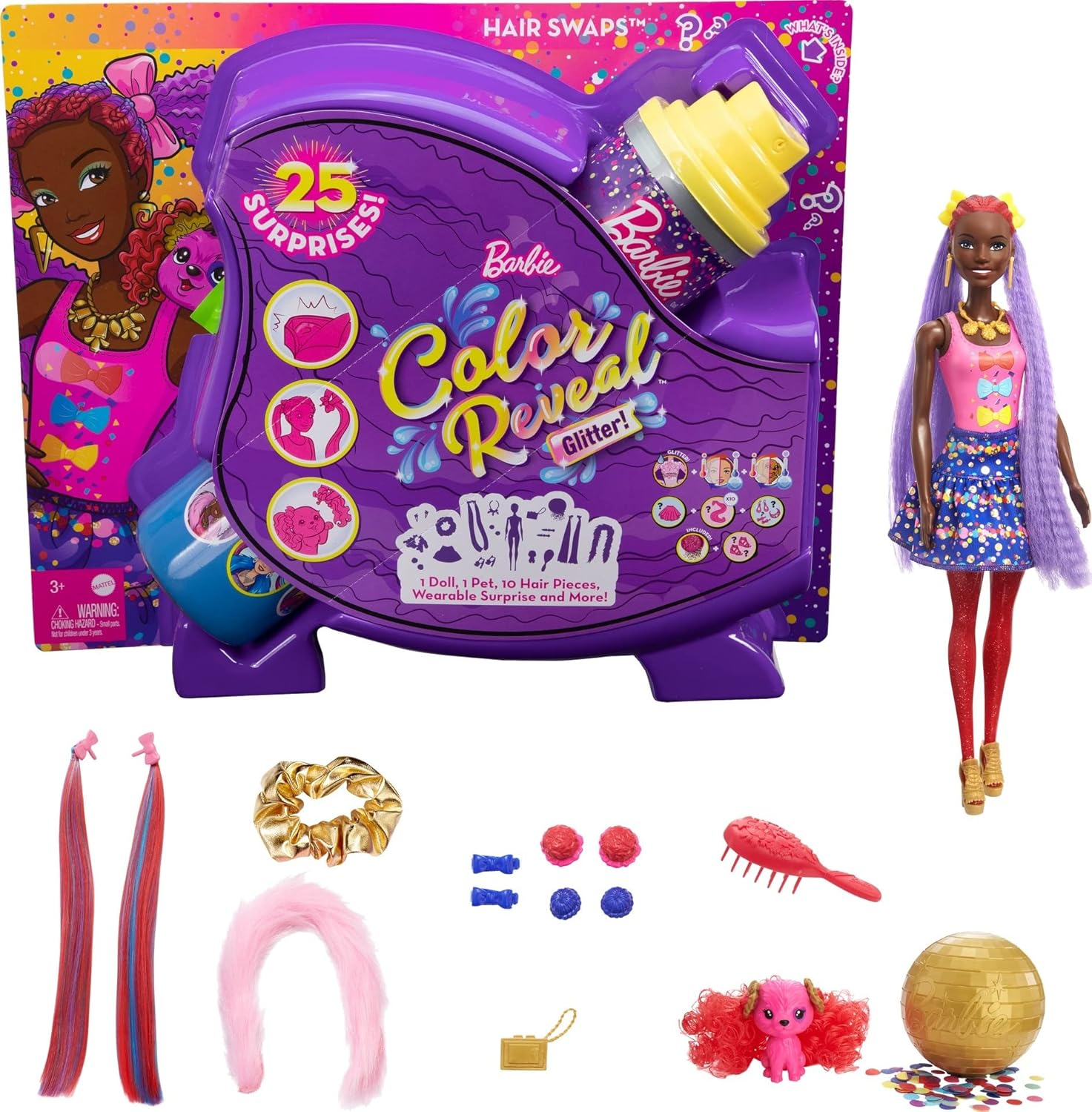Barbie Color Reveal Glitter! Hair Swaps Doll, Glittery Pink with 25 Hairstyling & Party-Themed Surprises Including 10 Plug-In Hair Pieces, for Kids 3 Years Old & Up image number 4