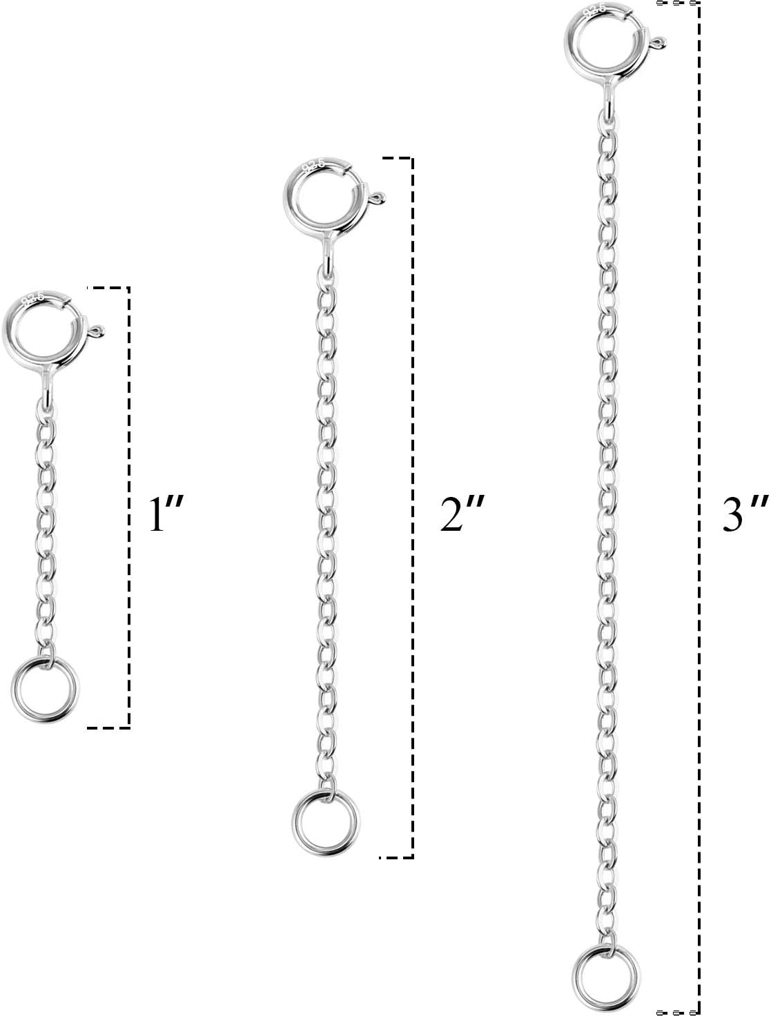 Alexcraft 3 Pcs Sterling Silver Necklace Extenders Chain Bracelet Extender with Lobster Claw Clasps for Jewelry Making(1 2 3 Inch) - White Gold image number 4