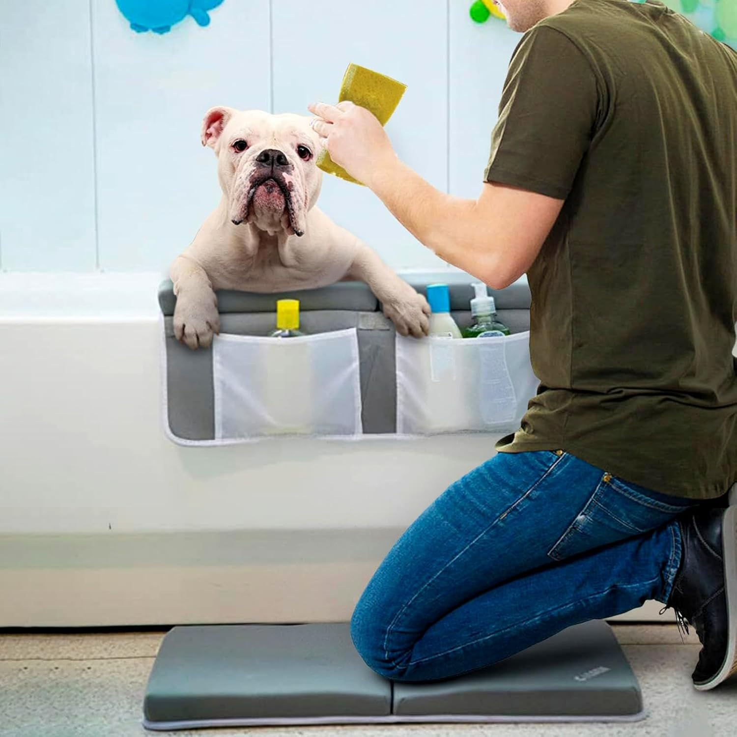 Baby Bath Kneeler and Elbow Rest Pad Set, Non Slip Comfortable Bath Kneeler with Storage Pockets, Easy to Clean Bathtub Kneeling Pad Painless Memory Foam Mat for Bathroom image number 1